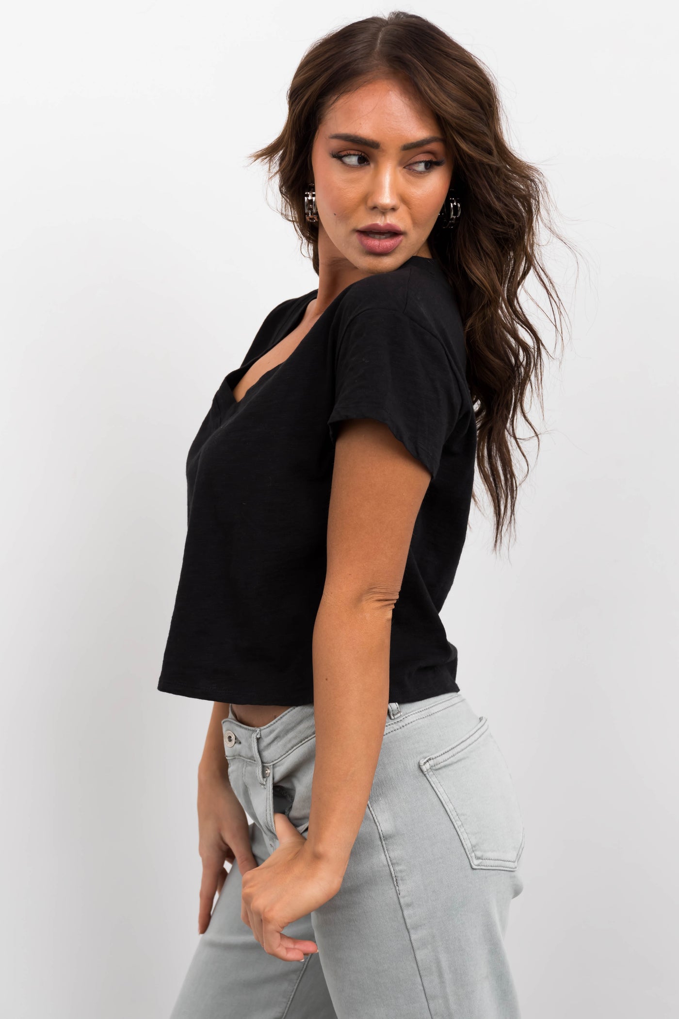 Black V Neck Short Sleeve Cropped Tee