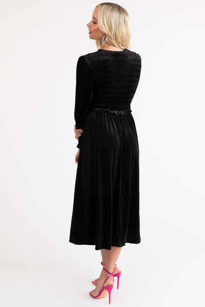 Black V Neck Smocked Velvet Long Sleeve Midi Dress