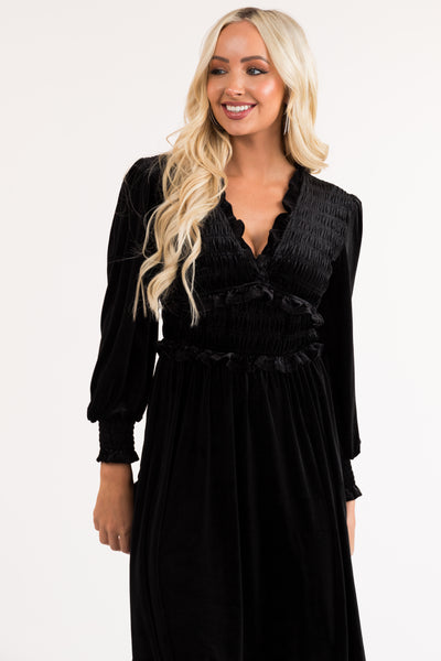 Black V Neck Smocked Velvet Long Sleeve Midi Dress