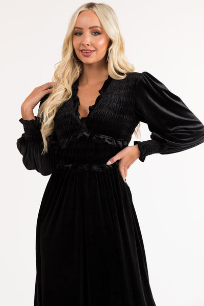 Black V Neck Smocked Velvet Long Sleeve Midi Dress