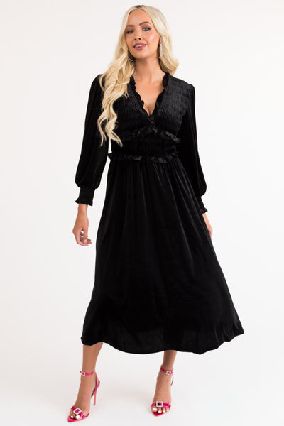 Black V Neck Smocked Velvet Long Sleeve Midi Dress