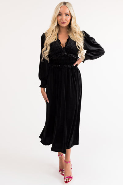 Black V Neck Smocked Velvet Long Sleeve Midi Dress
