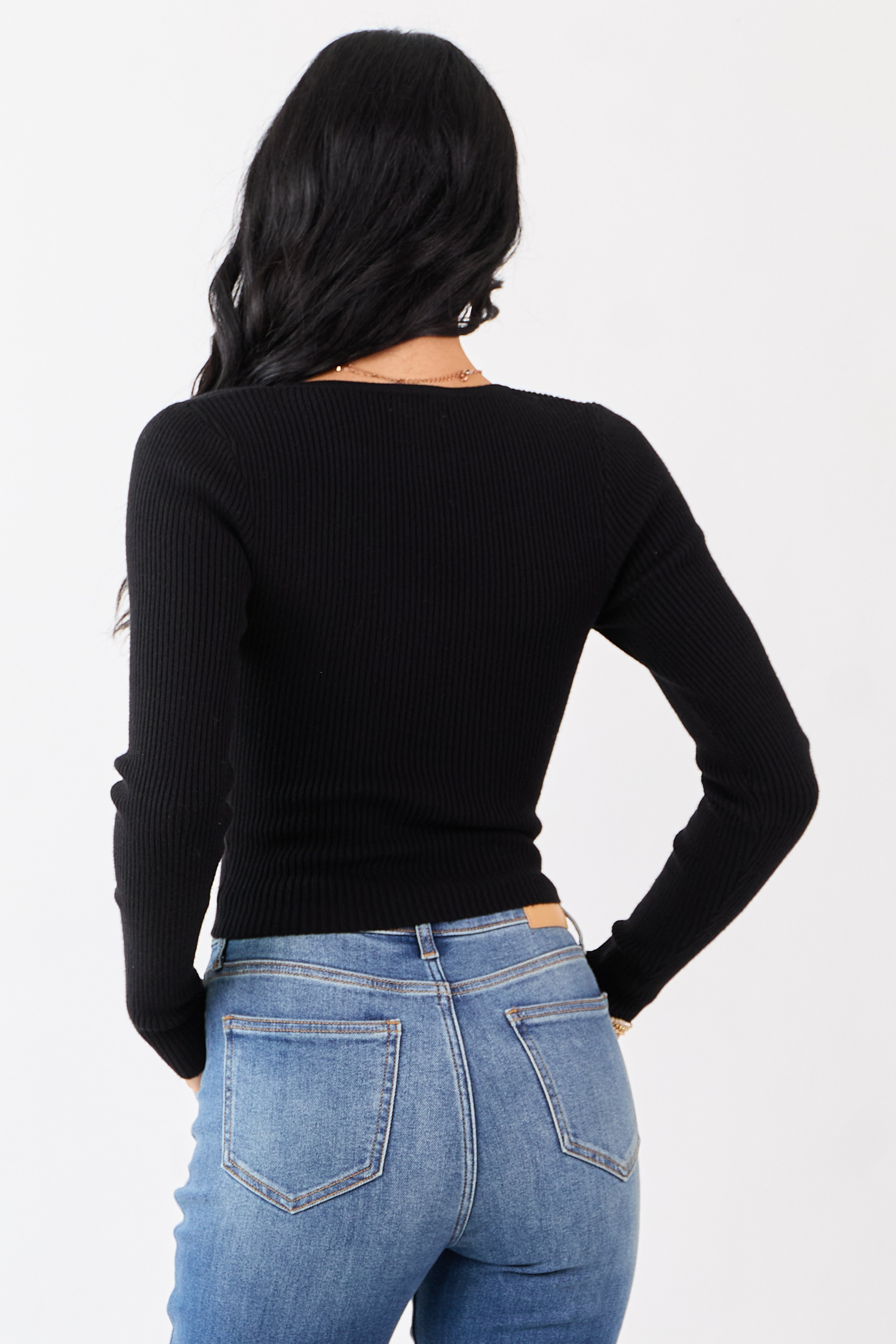 Black V Notch Rib Knit Fitted Cropped Sweater Top