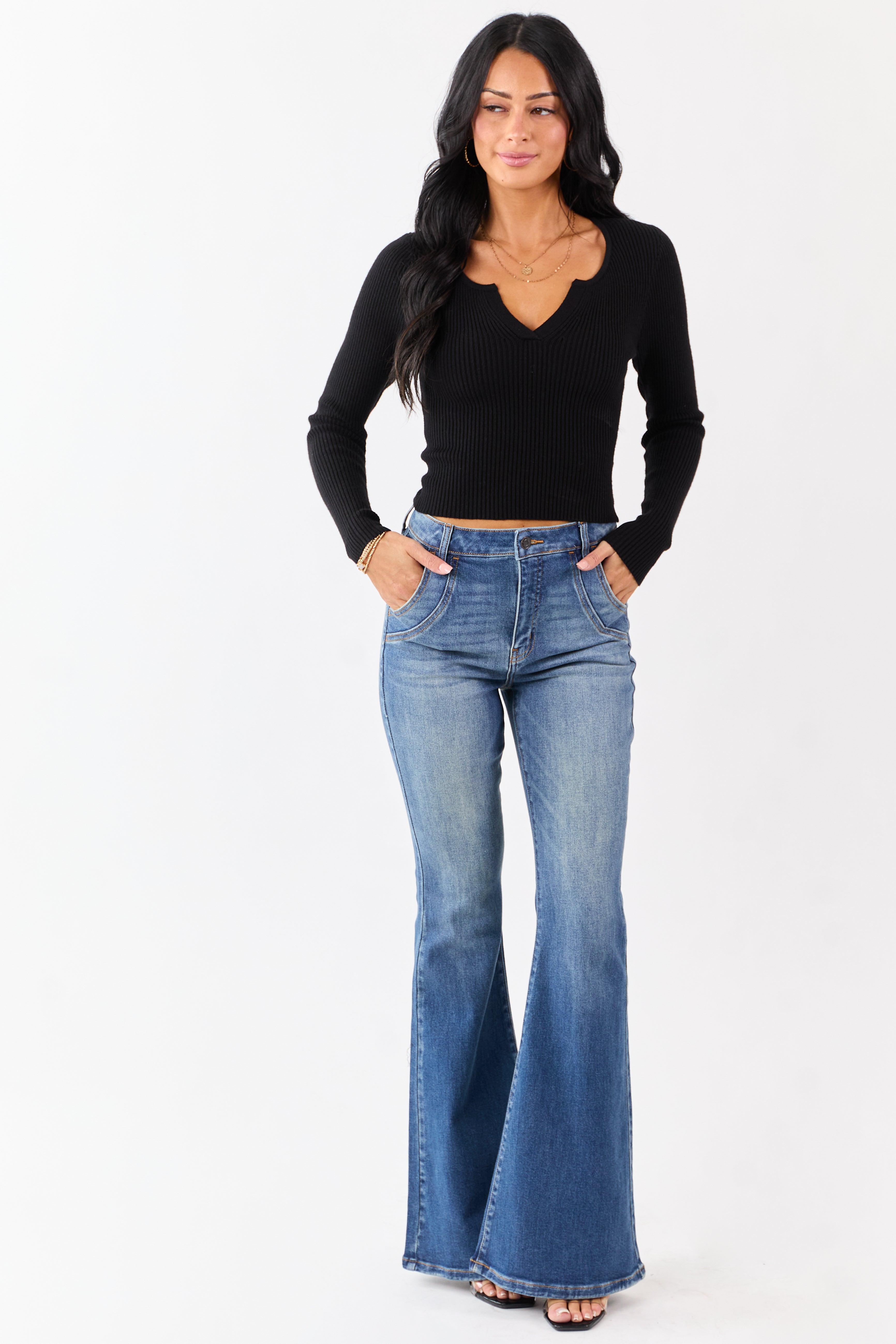 Black V Notch Rib Knit Fitted Cropped Sweater Top