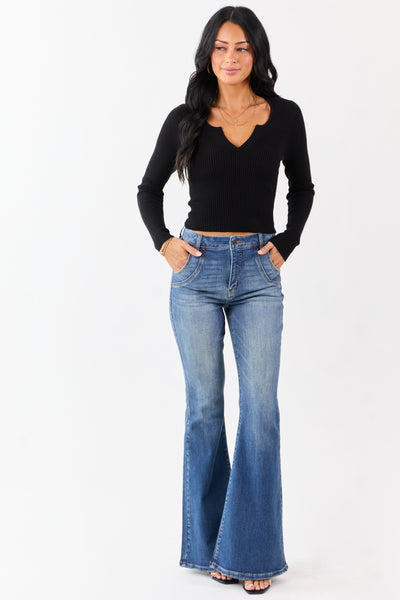 Black V Notch Rib Knit Fitted Cropped Sweater Top