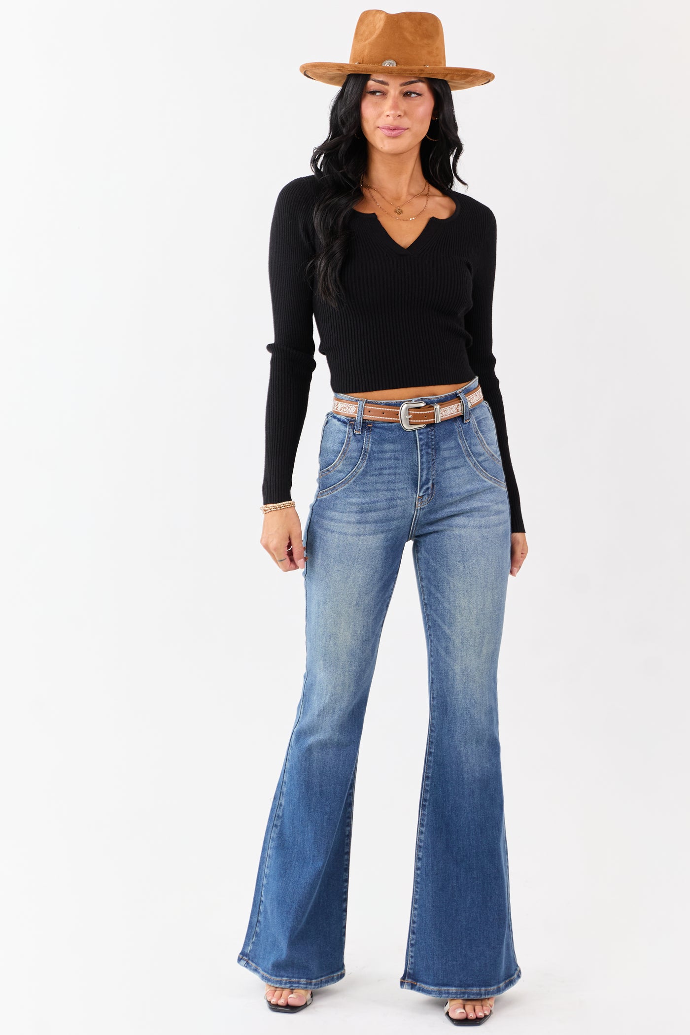 Black V Notch Rib Knit Fitted Cropped Sweater Top