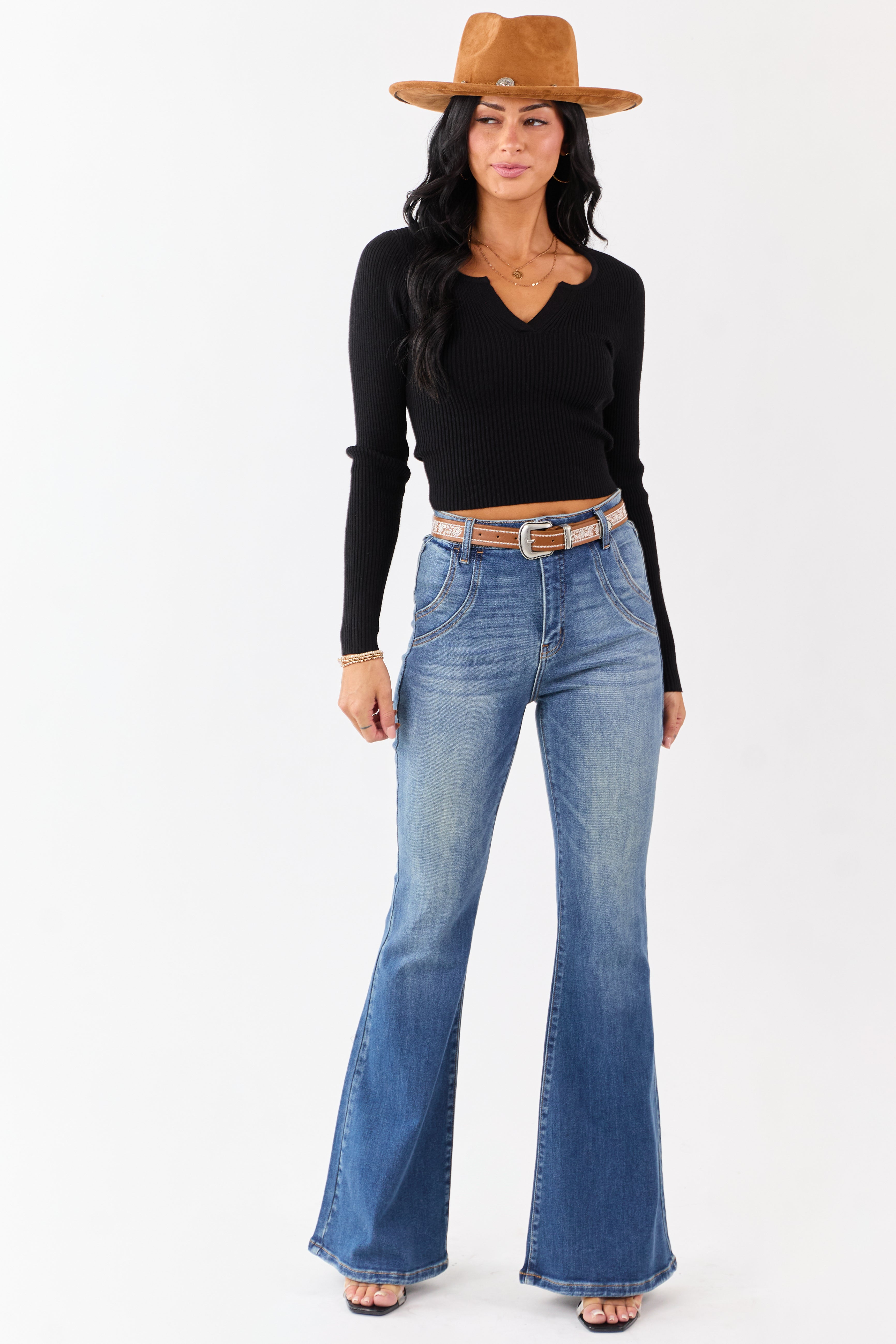 Black V Notch Rib Knit Fitted Cropped Sweater Top