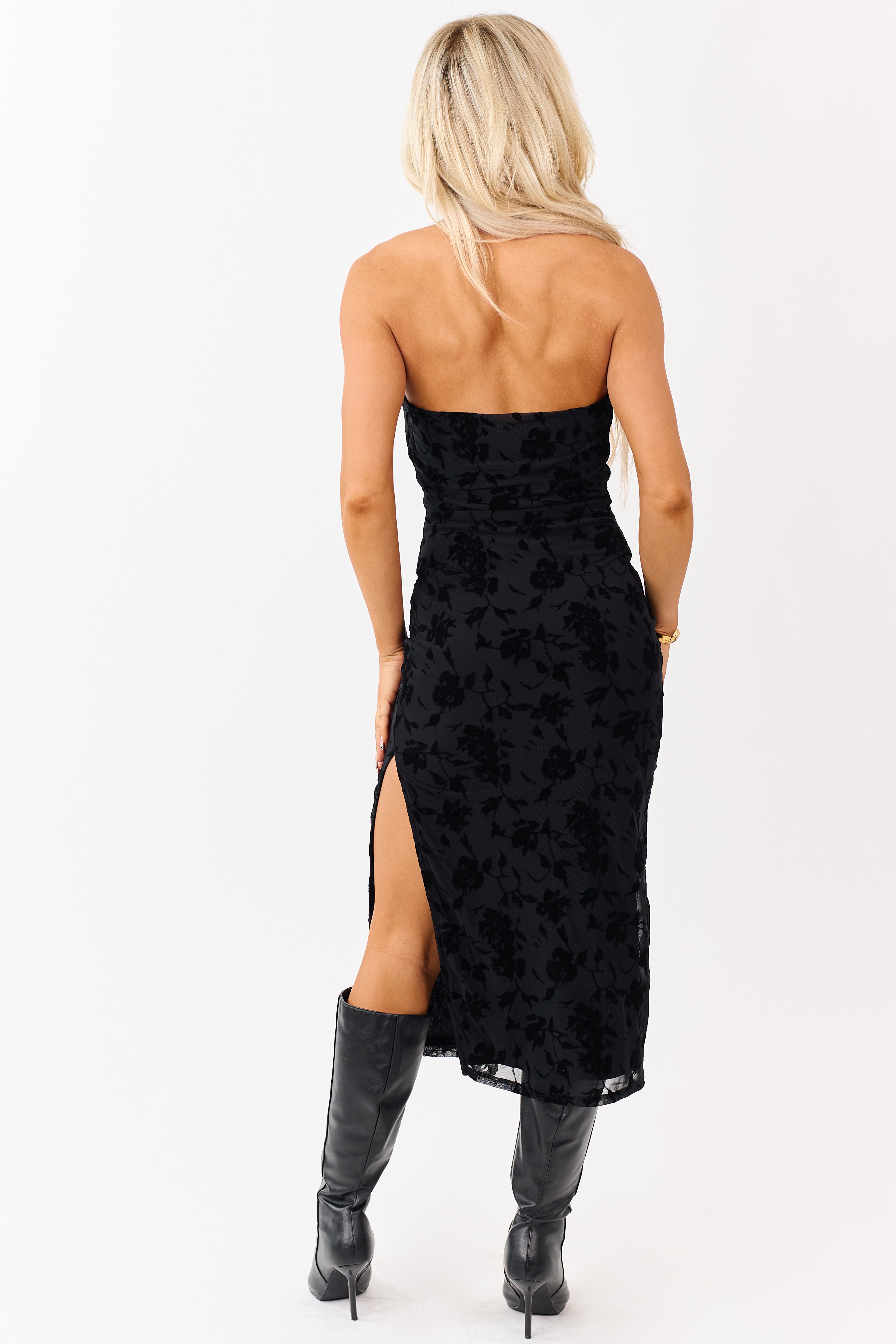 Black Velvet Burnout Halter Cowl Neck Midi Dress