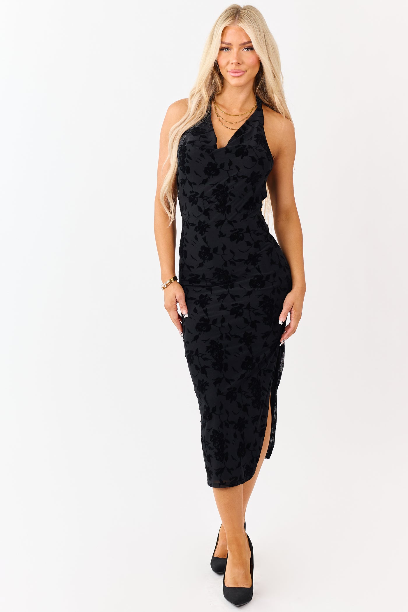 Black Velvet Burnout Halter Cowl Neck Midi Dress