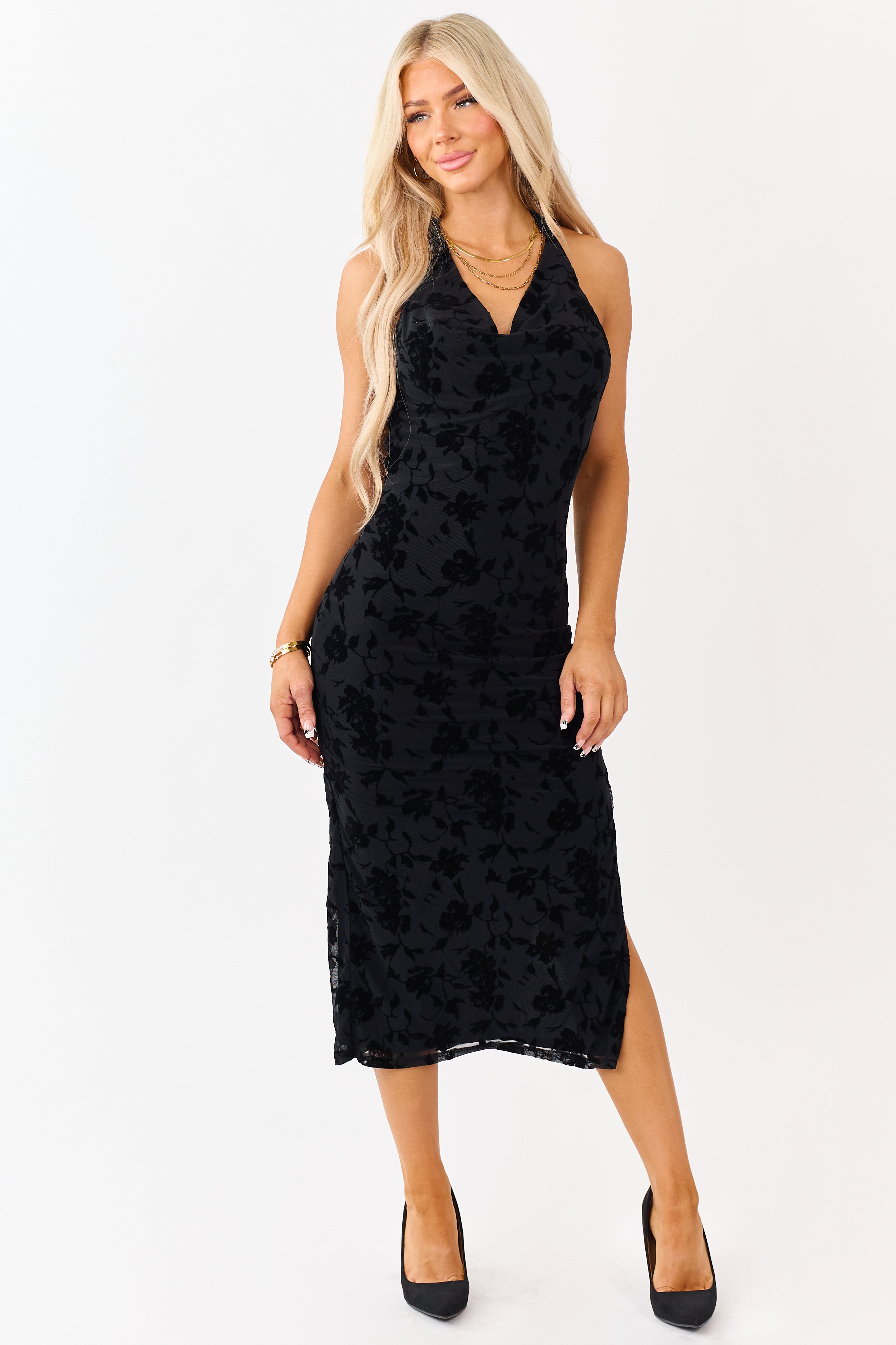 Black Velvet Burnout Halter Cowl Neck Midi Dress Black Velvet Burnout Halter Cowl Neck Midi Dress