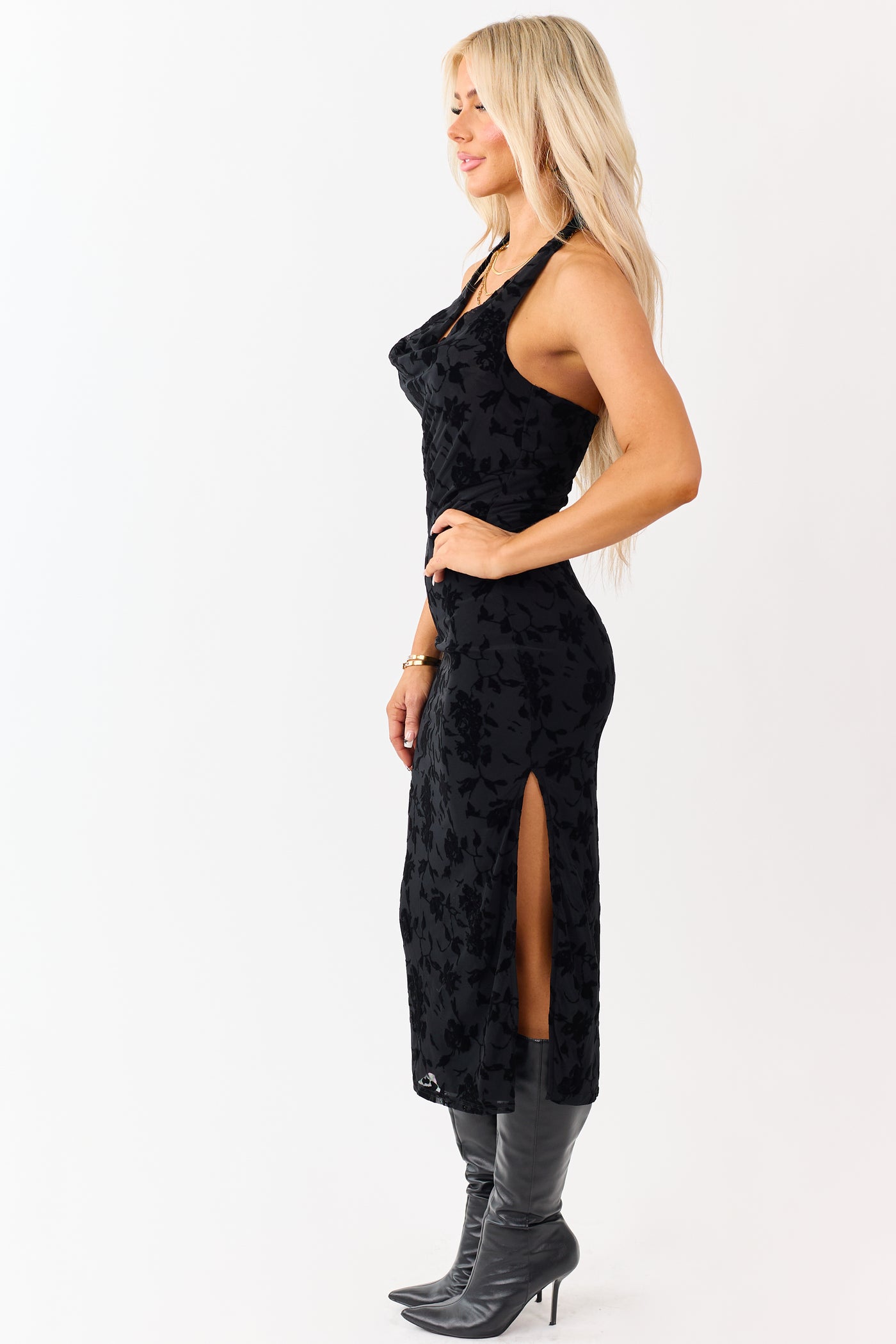 Black Velvet Burnout Halter Cowl Neck Midi Dress