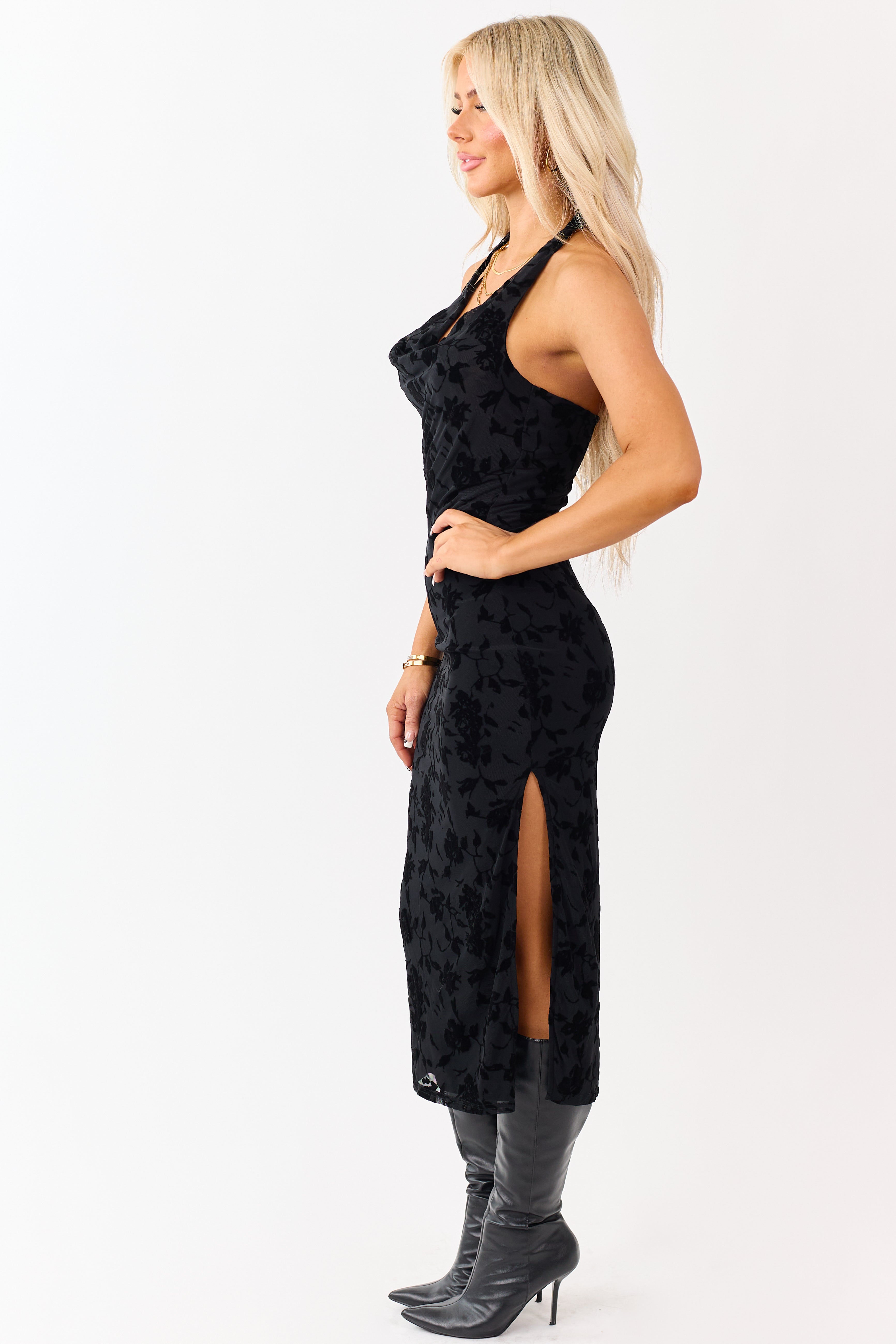 Black Velvet Burnout Halter Cowl Neck Midi Dress