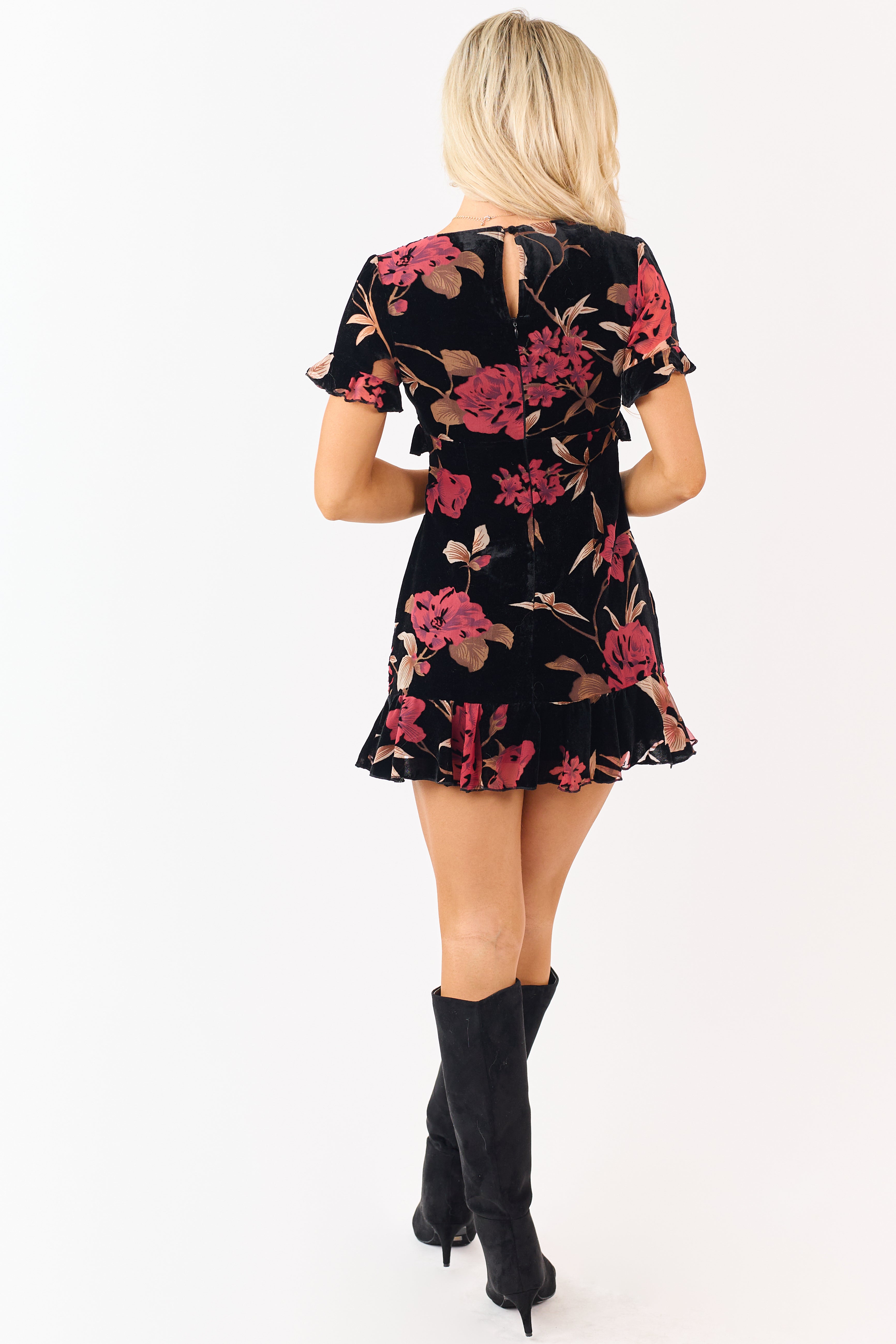 Black Velvet Floral Front Bow Detail Mini Dress