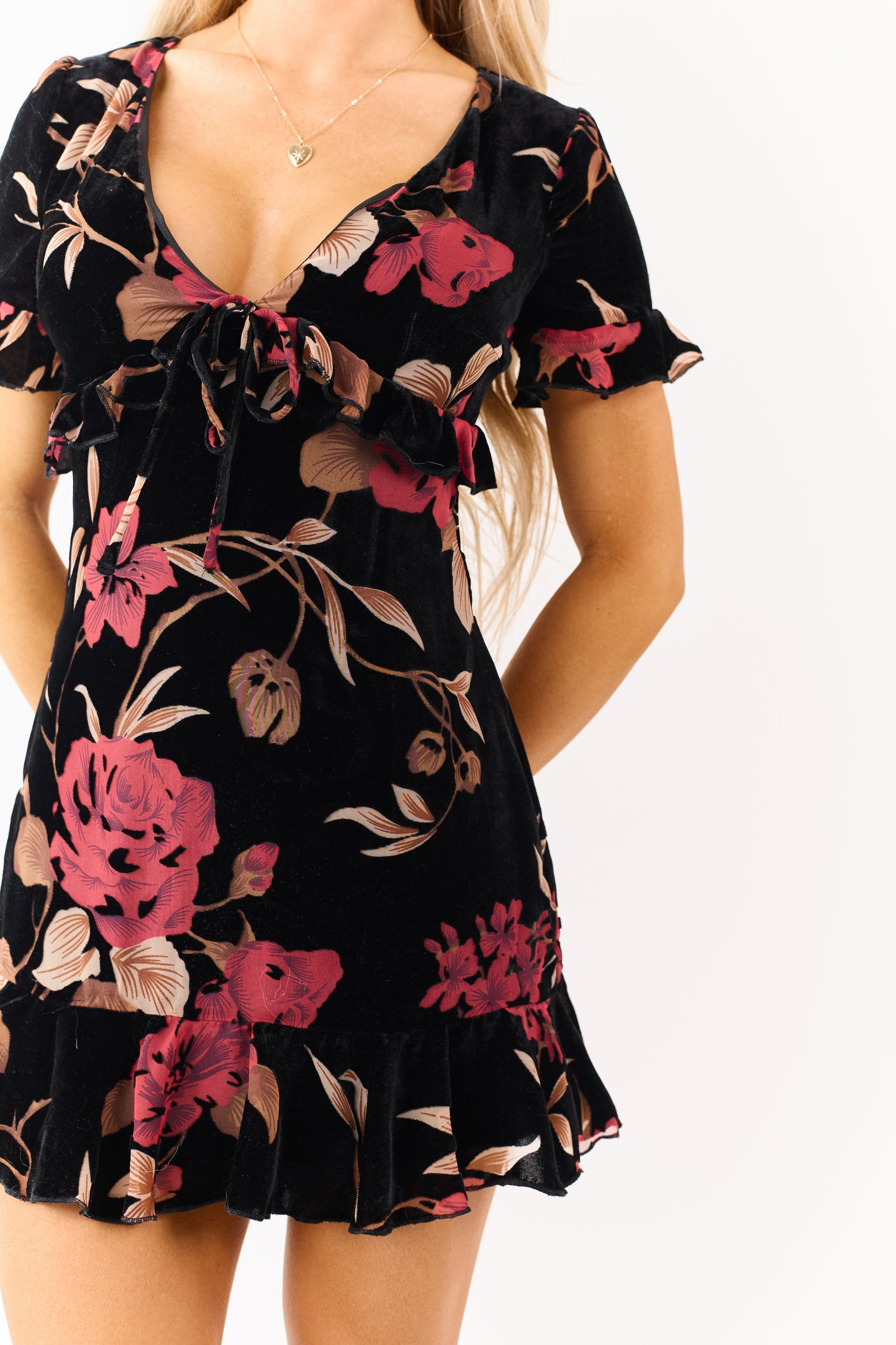 Black Velvet Floral Front Bow Detail Mini Dress
