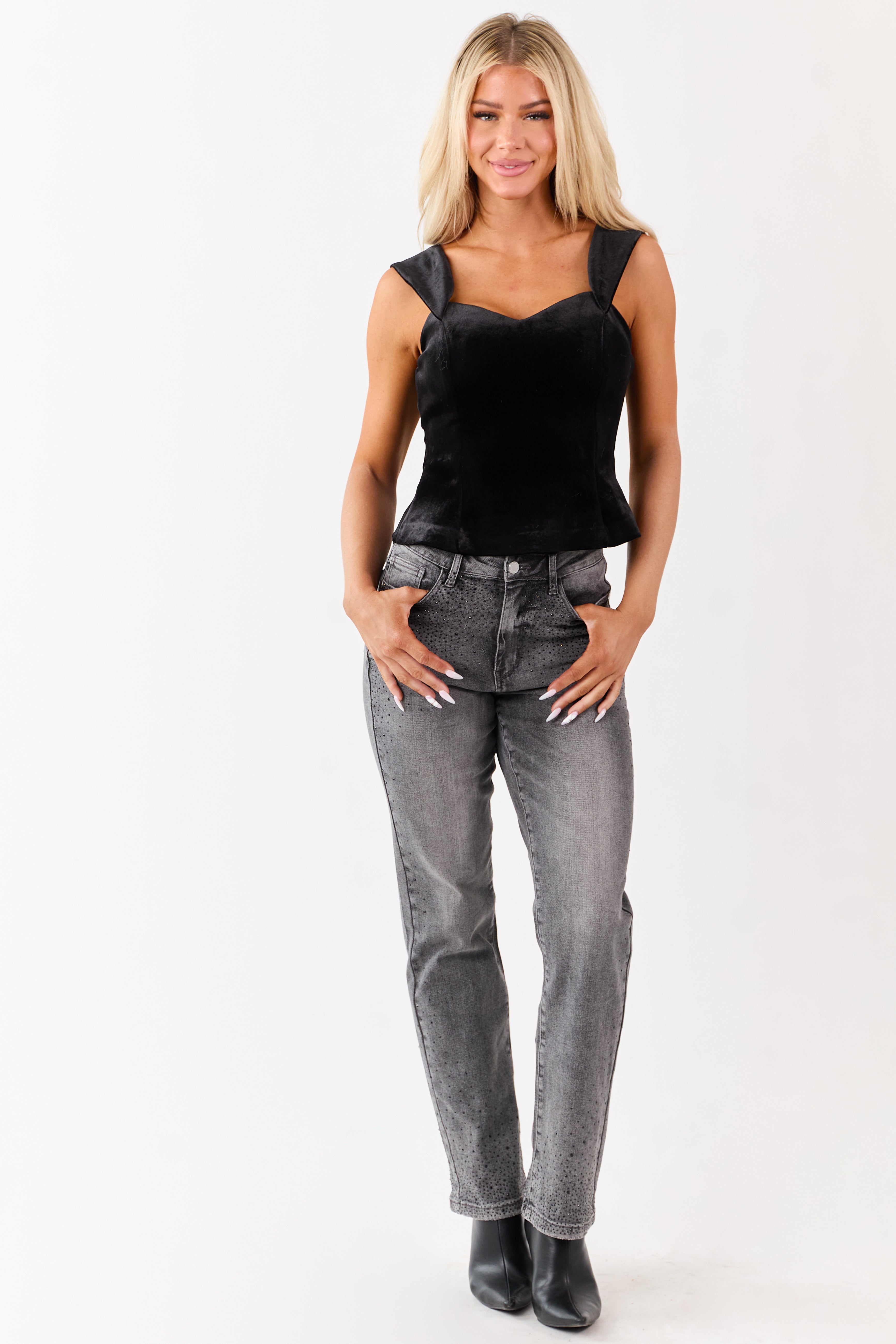 Black Velvet Off the Shoulder Sweetheart Neck Top | Lime Lush Boutique