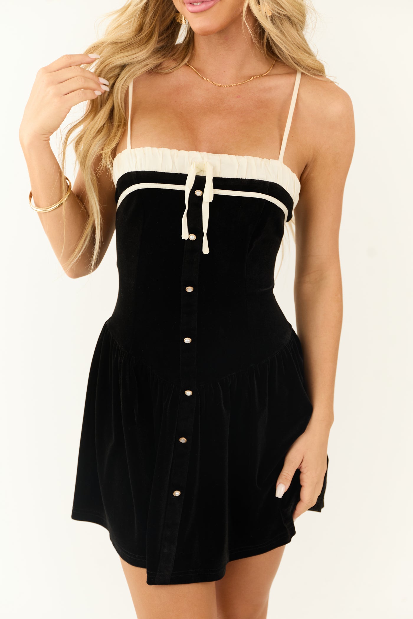 Black Velvet Pearl Button Tie Detail Mini Dress Black Velvet Pearl Button Tie Detail Mini Dress