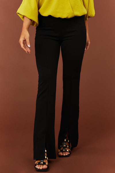 Black Vertical Seam Slit Flare Elastic Pants