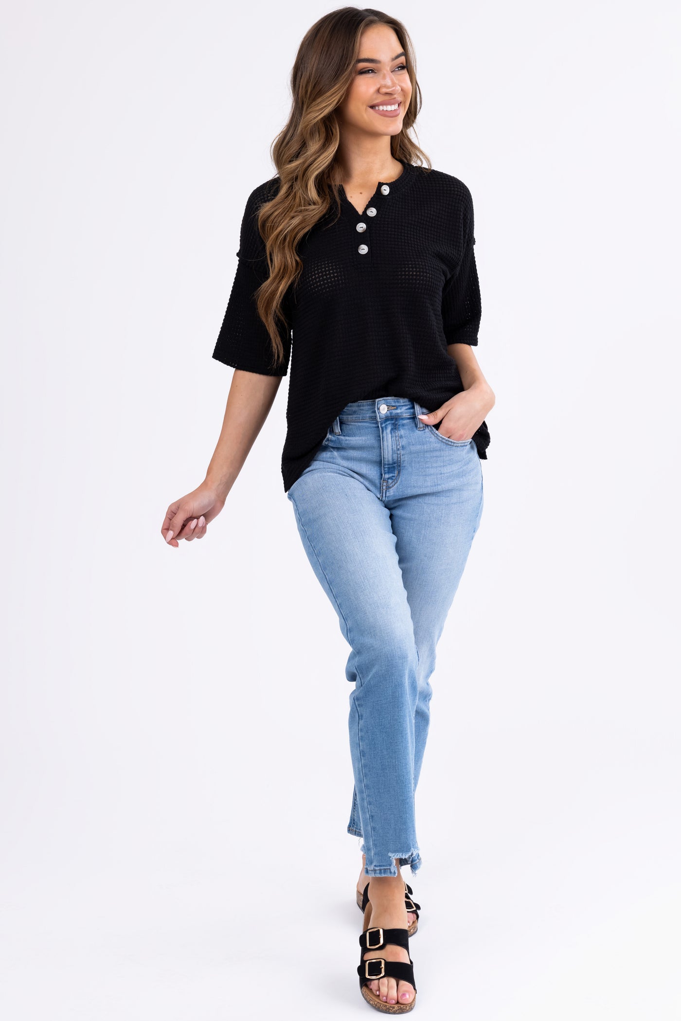 Black Waffle Knit Half Sleeve Button Top