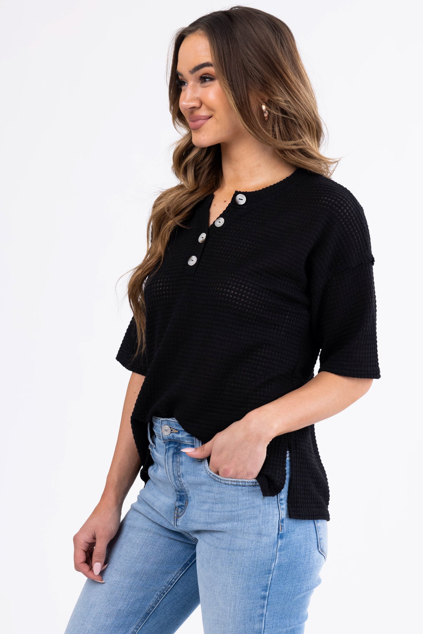 Black Waffle Knit Half Sleeve Button Top