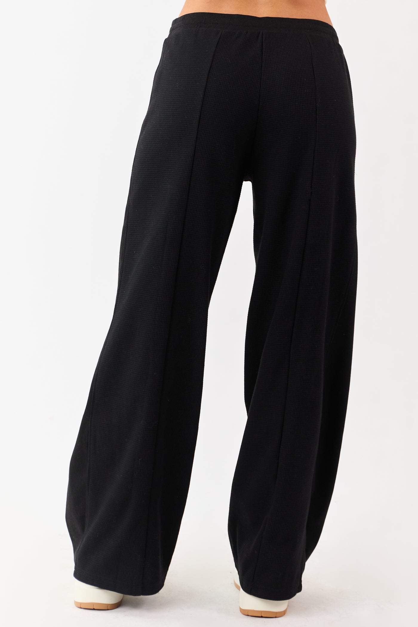 Black Waffle Knit Wide Leg Drawstring Pants