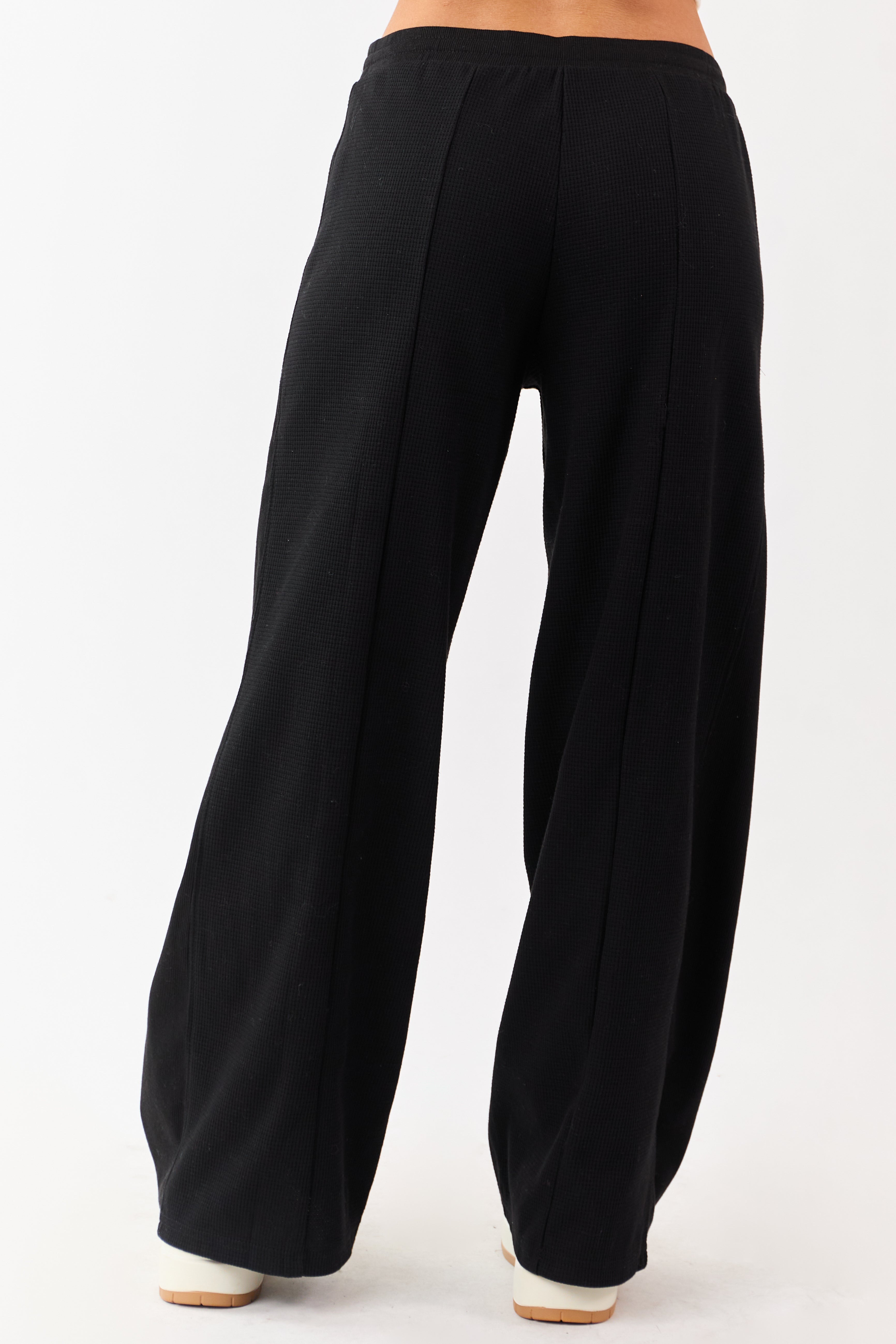 Black Waffle Knit Wide Leg Drawstring Pants