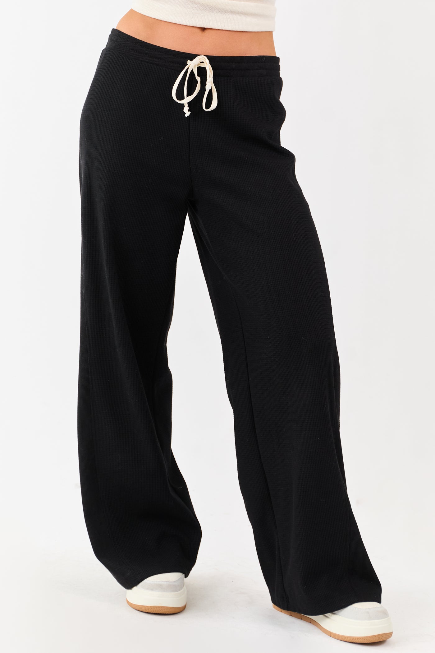 Black Waffle Knit Wide Leg Drawstring Pants