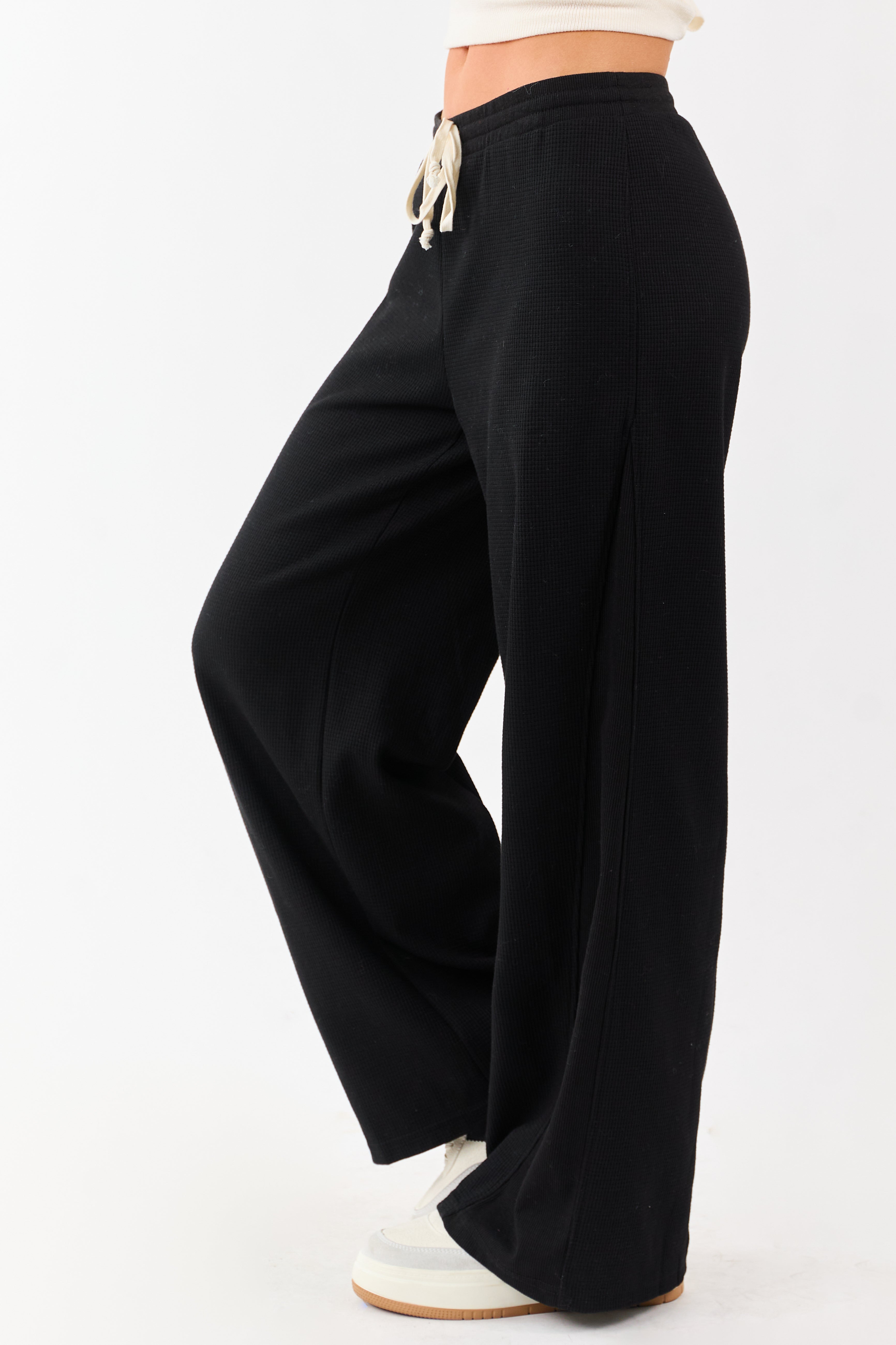 Black Waffle Knit Wide Leg Drawstring Pants