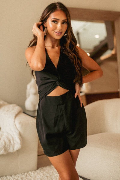Black Waist Cut Out Knotted Front Romper