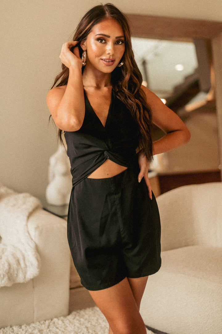 Black Waist Cut Out Knotted Front Romper