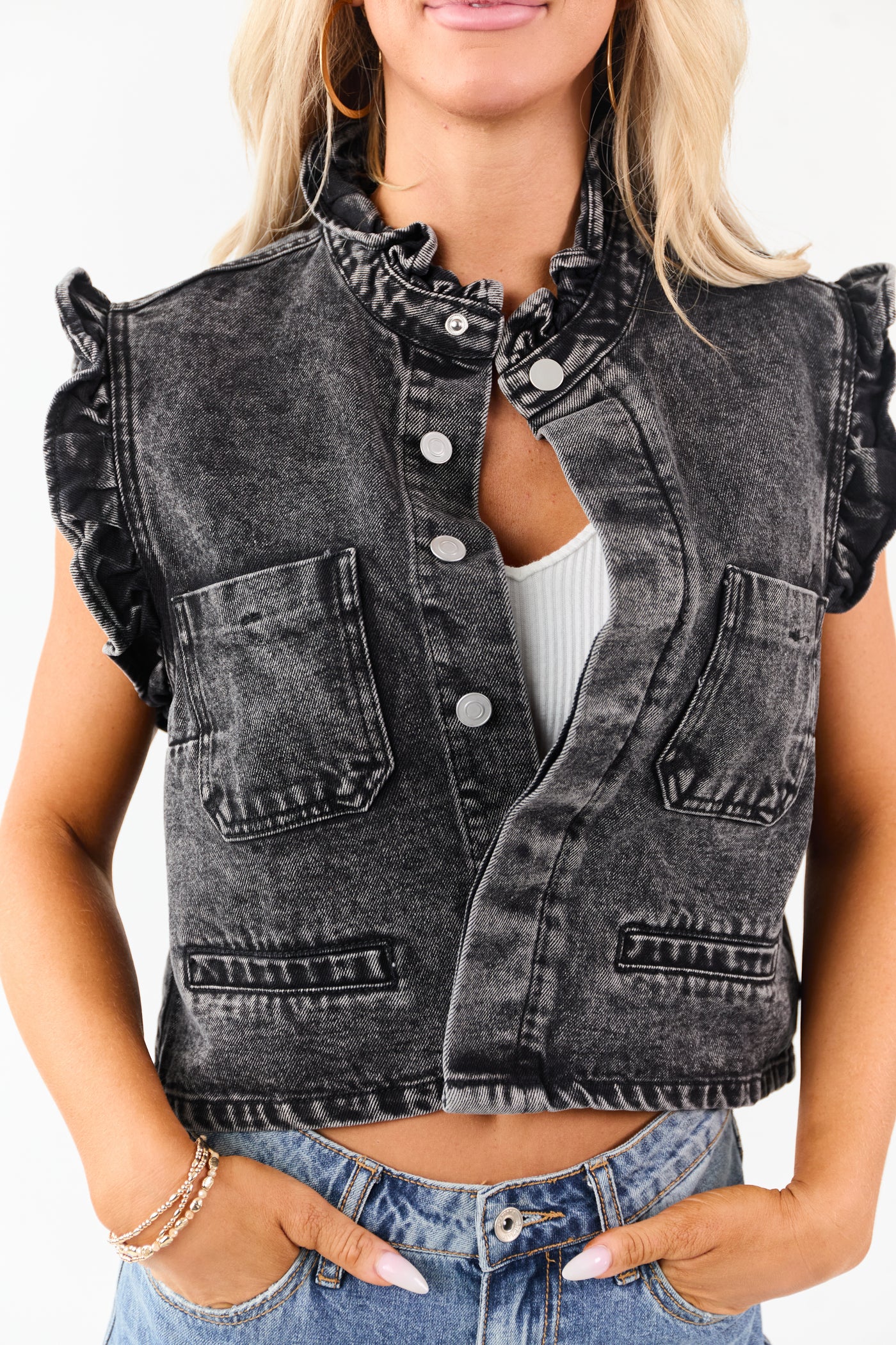 Black Washed Denim Button Up Ruffle Trim Vest