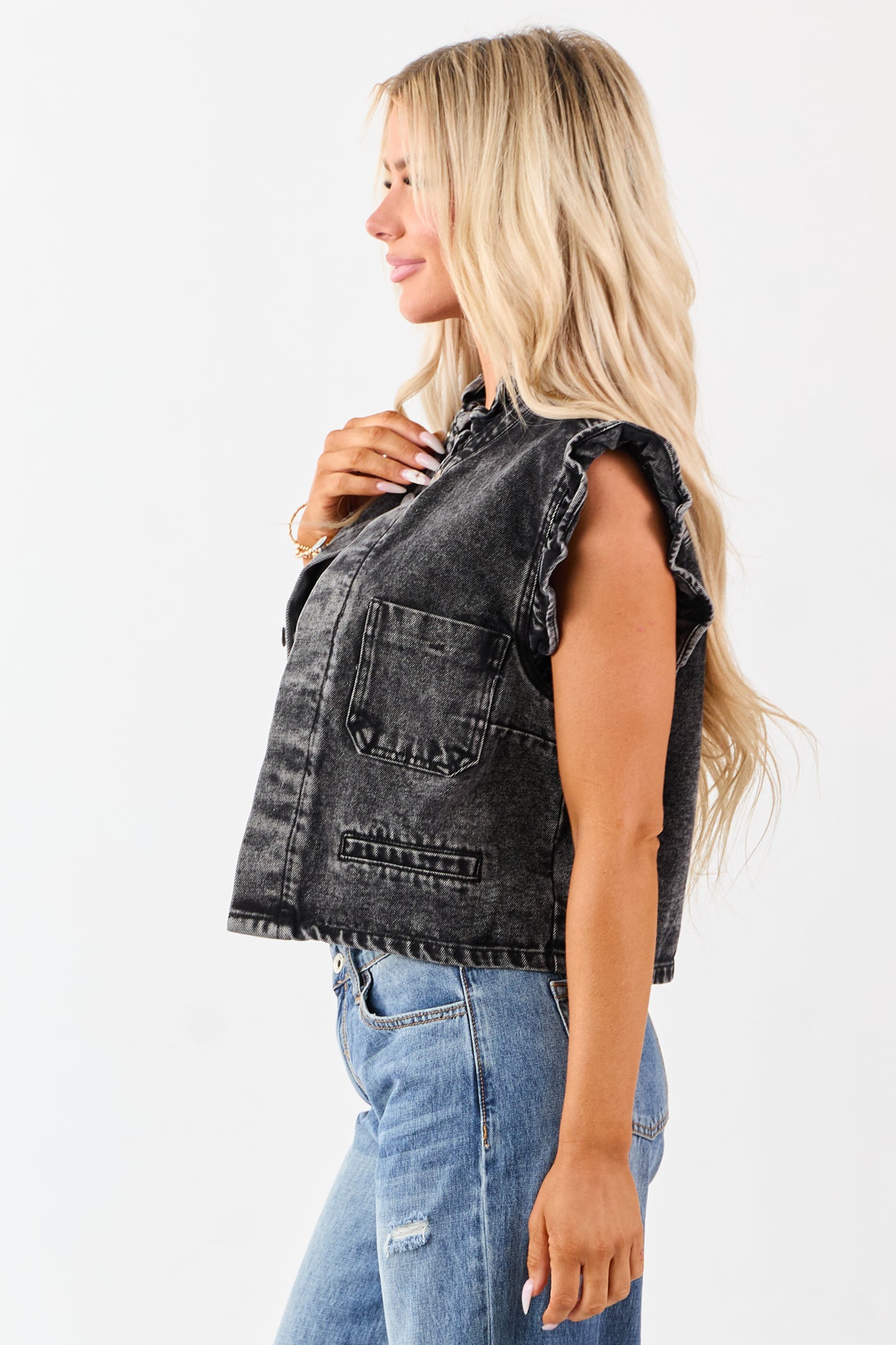 Black Washed Denim Button Up Ruffle Trim Vest