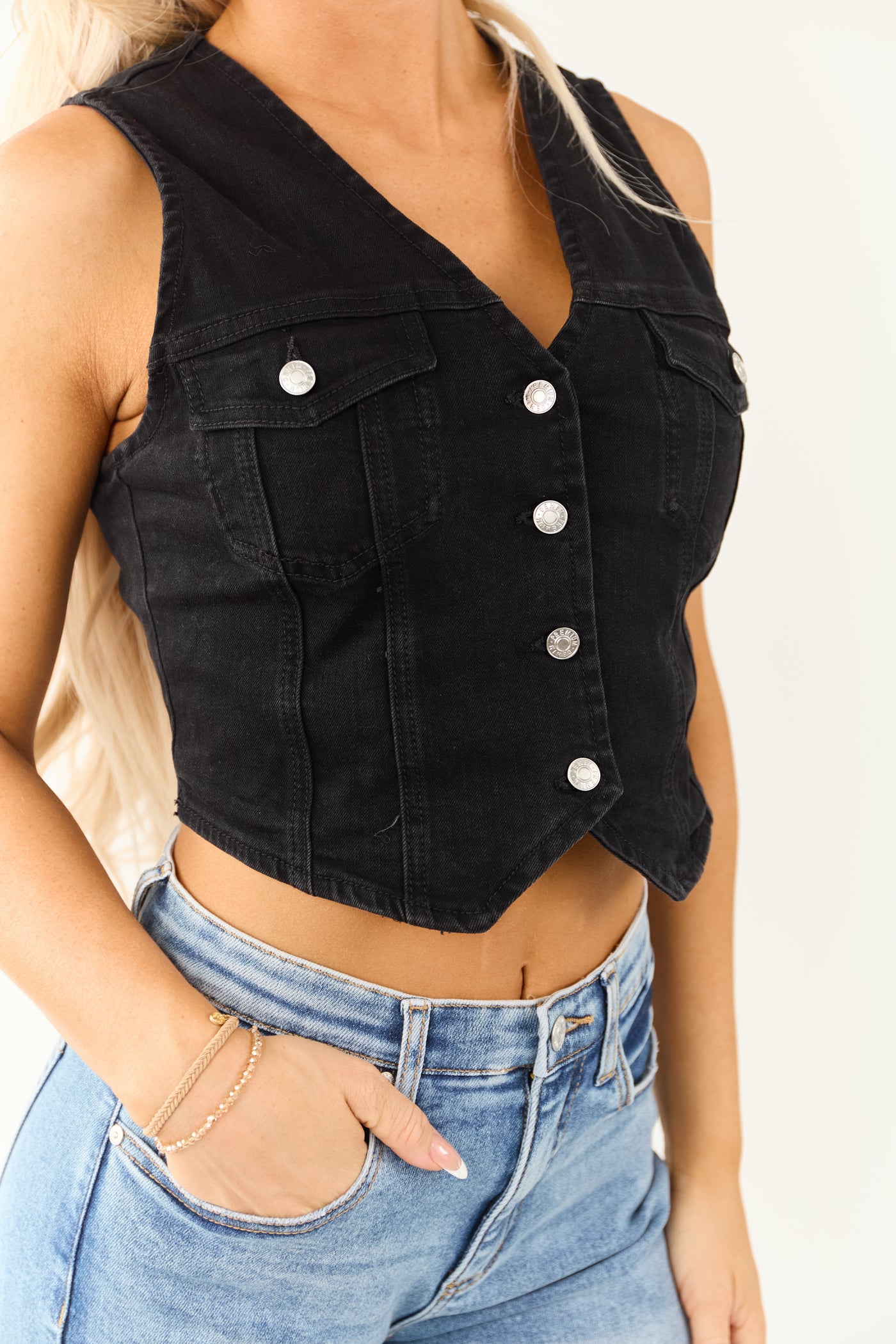Black Washed Denim Cropped Button Down Vest