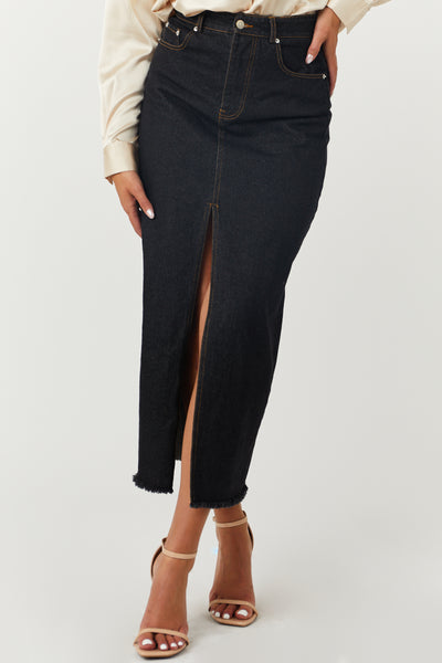 Black Washed Denim Front Slit Frayed Maxi Skirt