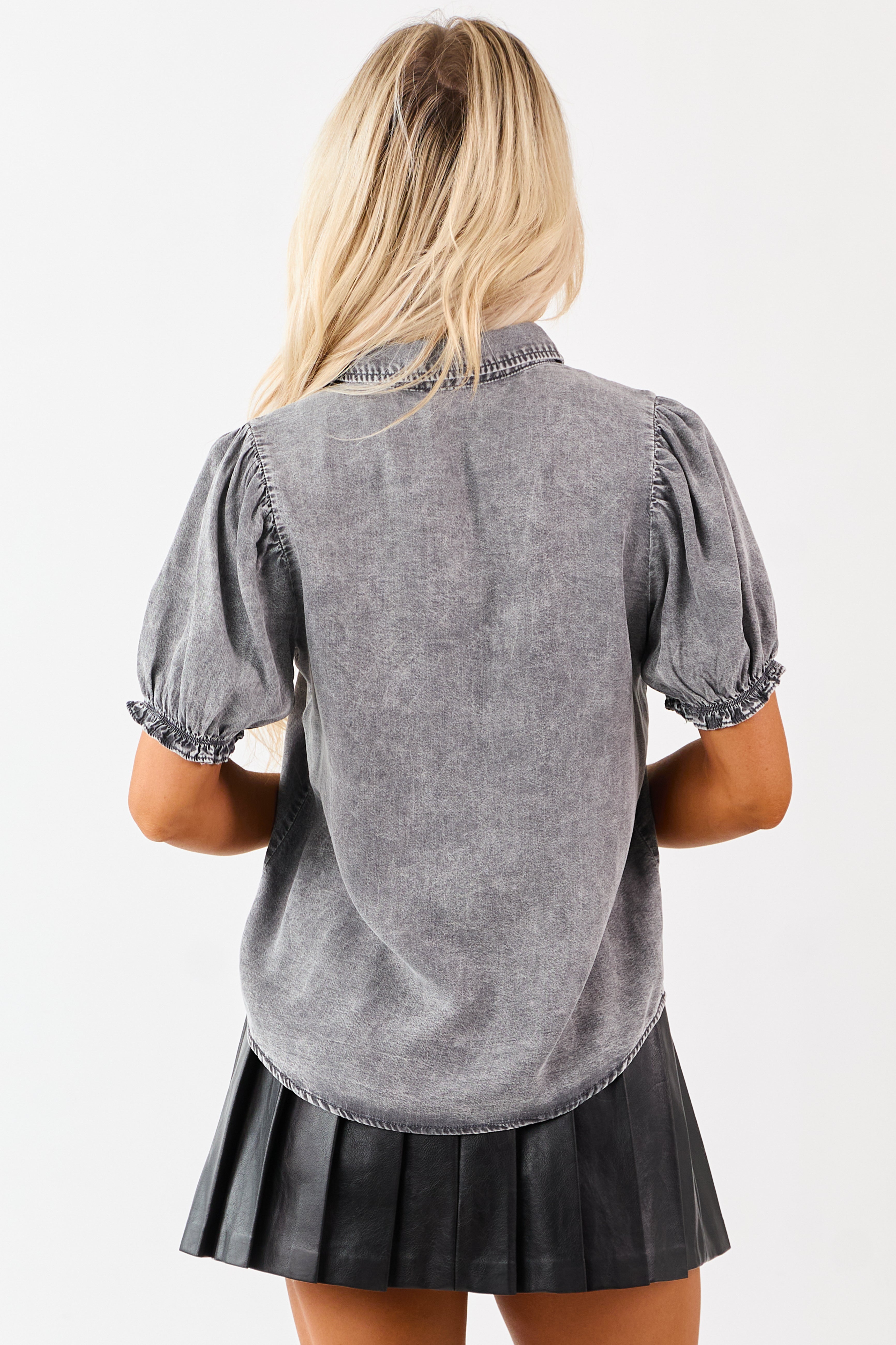 Black Washed Denim Puff Sleeve Button Up Top