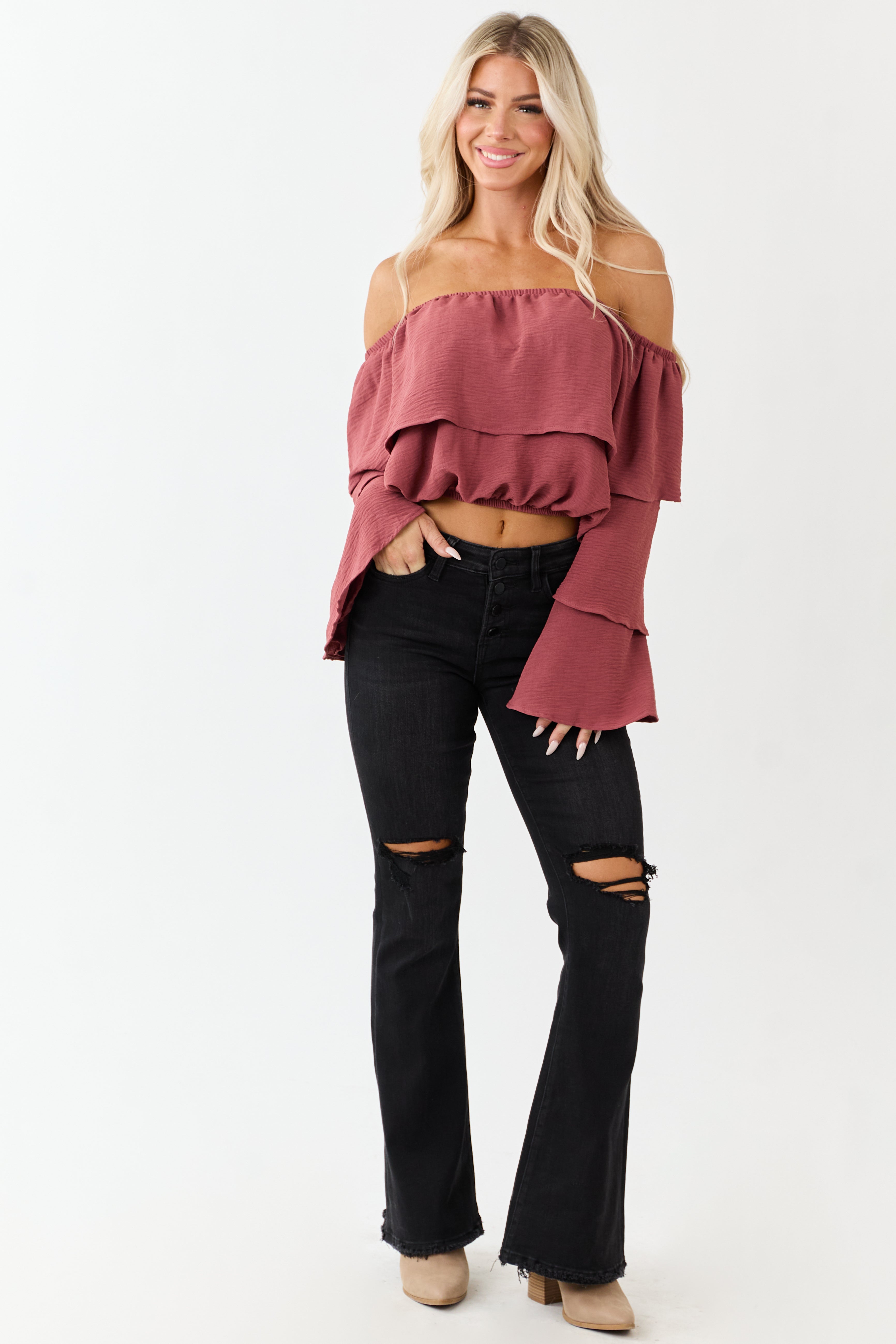 Black Washed Distressed Stretchy Tall Flare Jeans