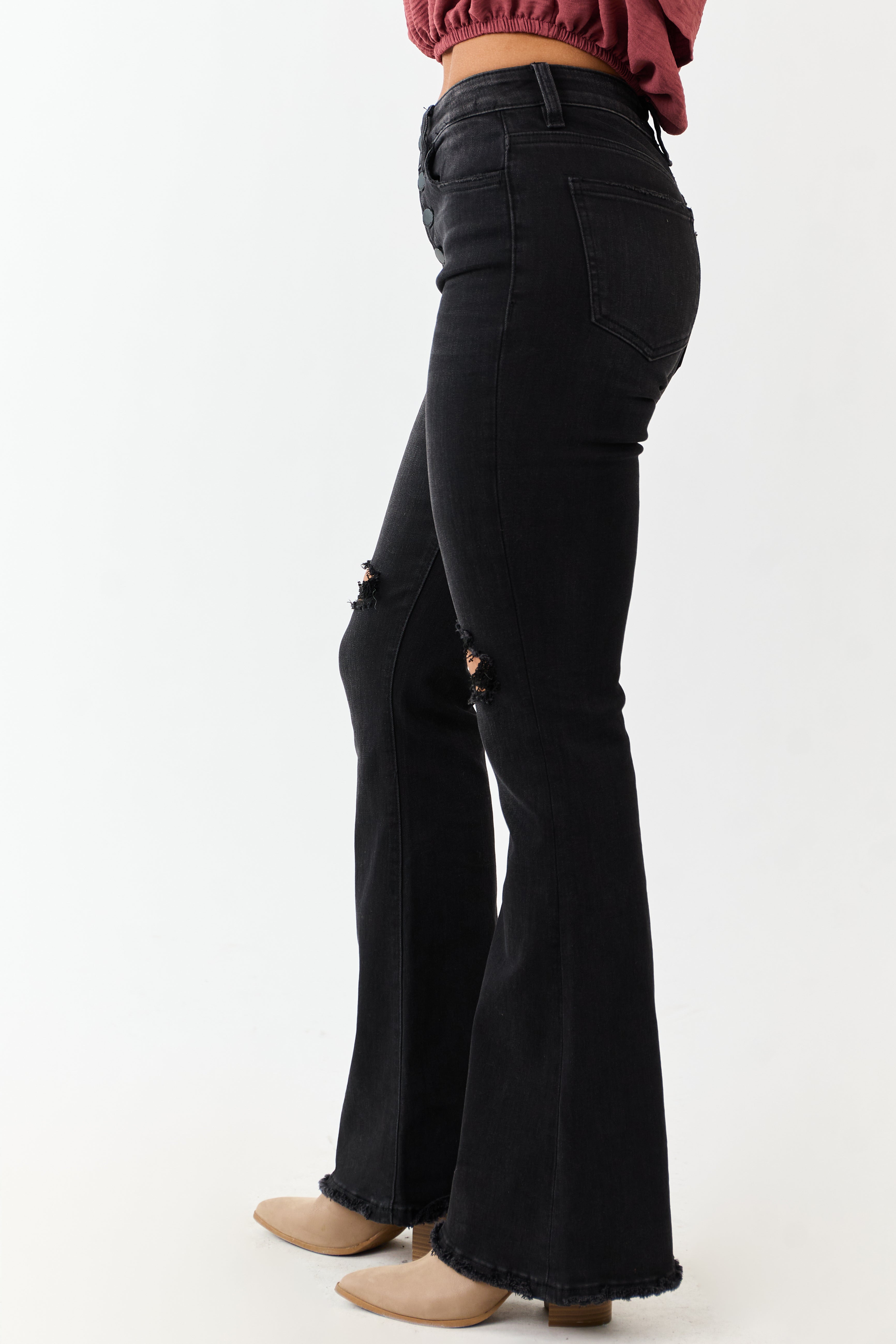 Black Washed Distressed Stretchy Tall Flare Jeans