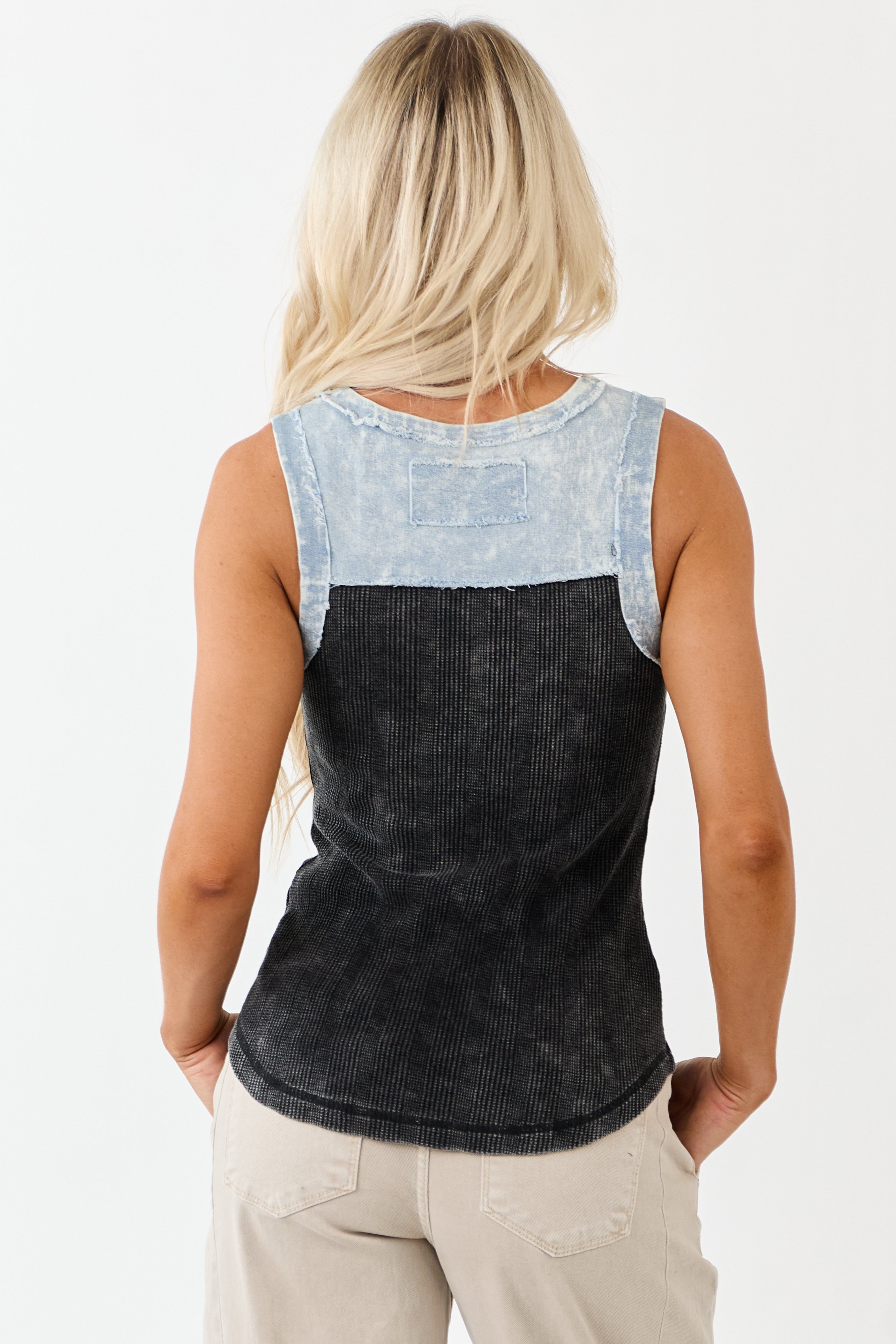 Black Washed Knit Contrast Denim Trim Tank Top