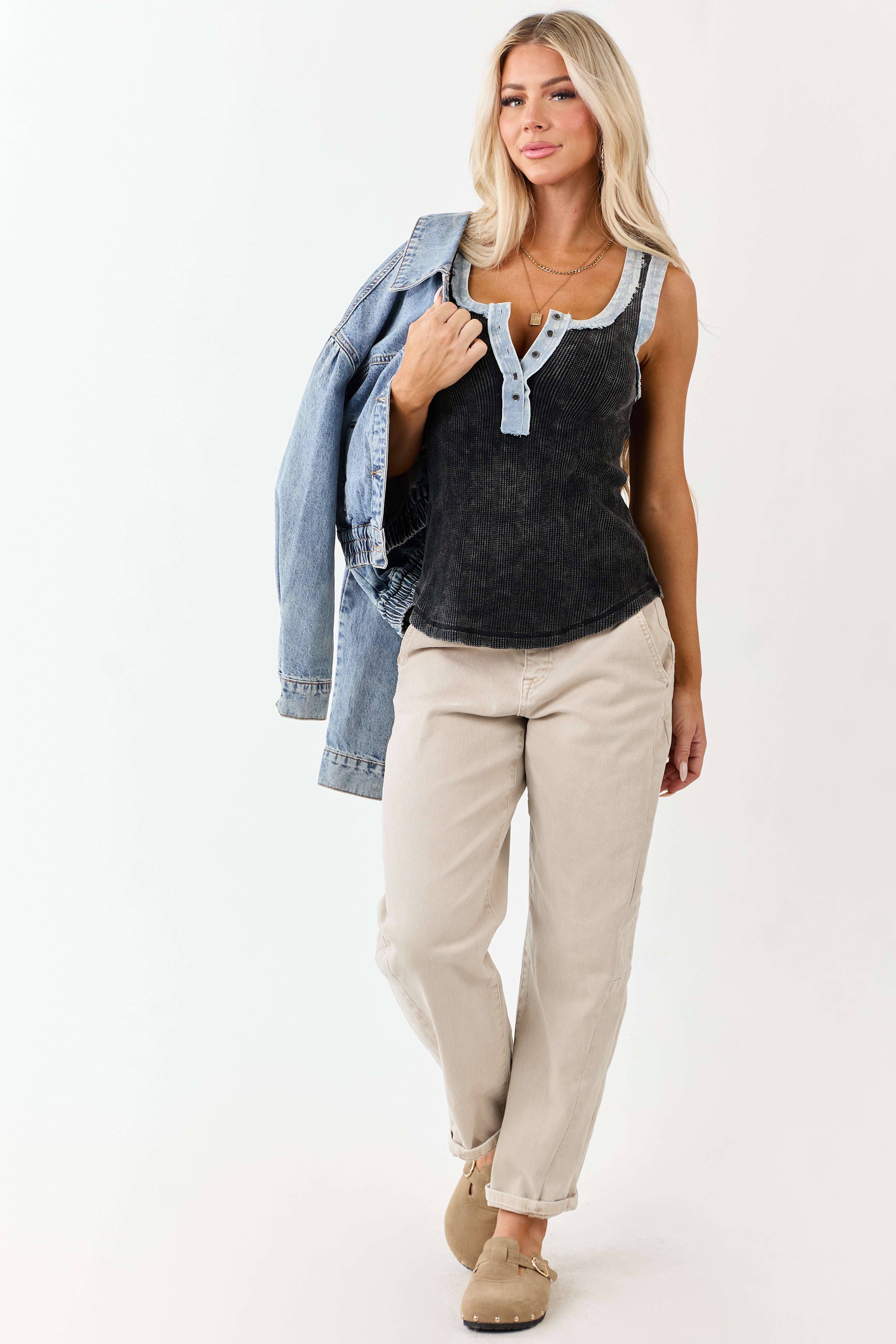 Black Washed Knit Contrast Denim Trim Tank Top