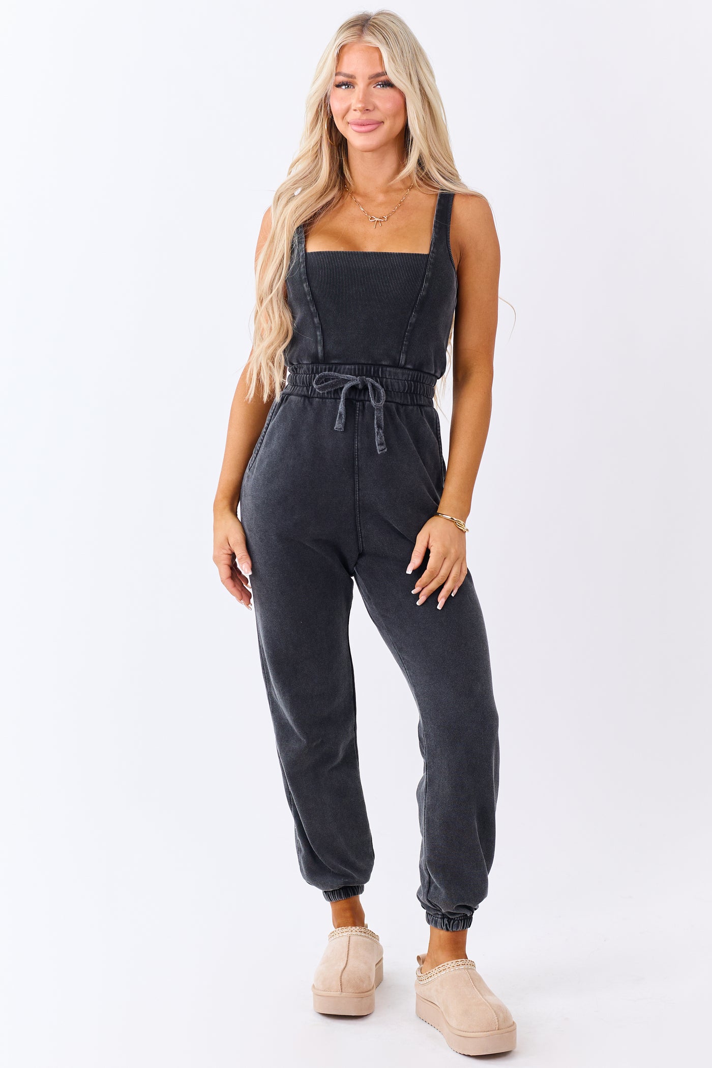 Black Washed Knit Sleeveless Jogger Jumpsuit