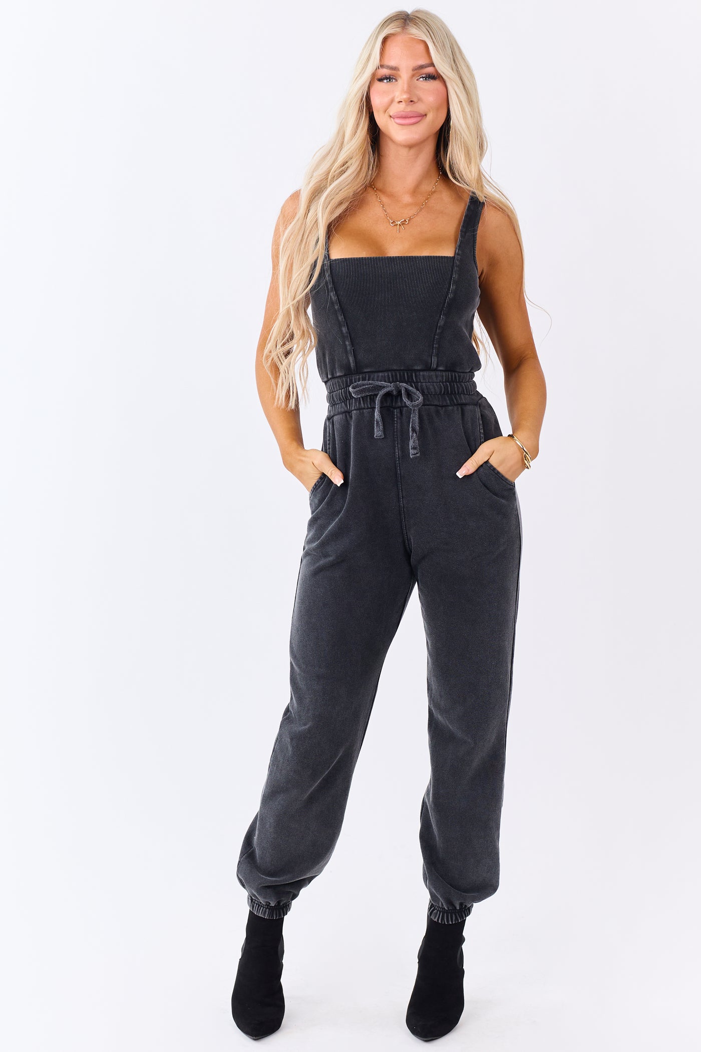 Black Washed Knit Sleeveless Jogger Jumpsuit