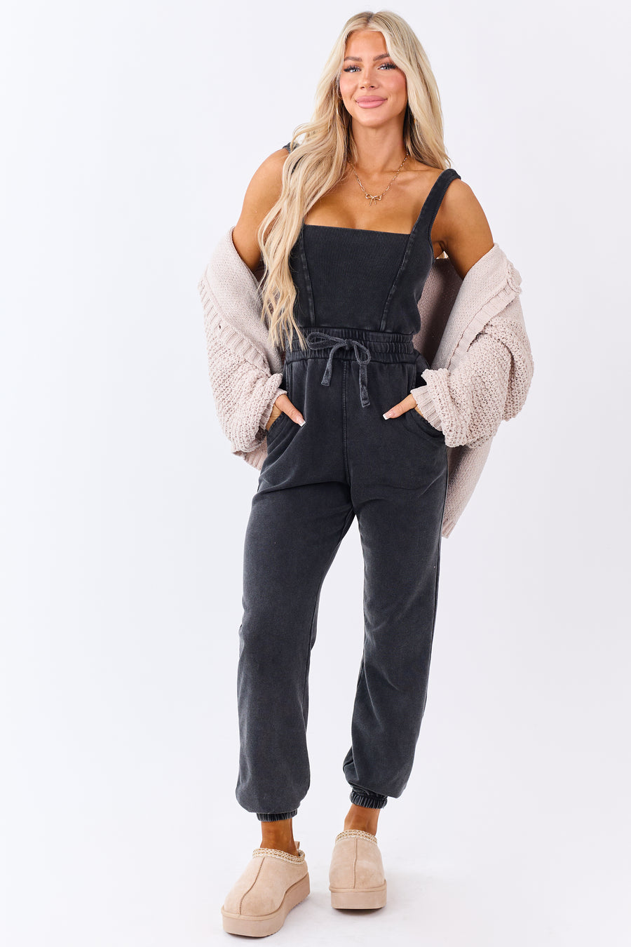 Black Washed Knit Sleeveless Jogger Jumpsuit