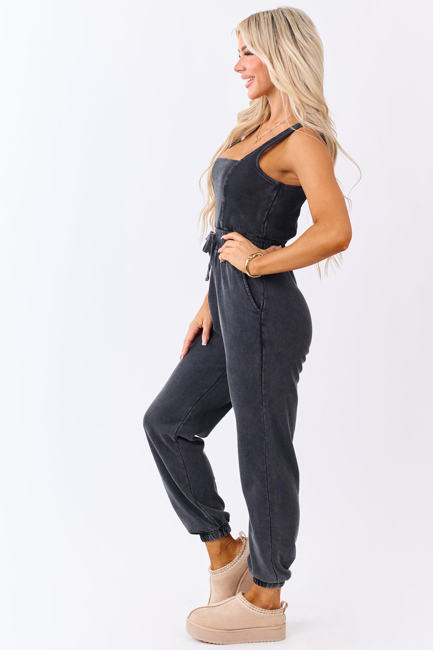 Black Washed Knit Sleeveless Jogger Jumpsuit
