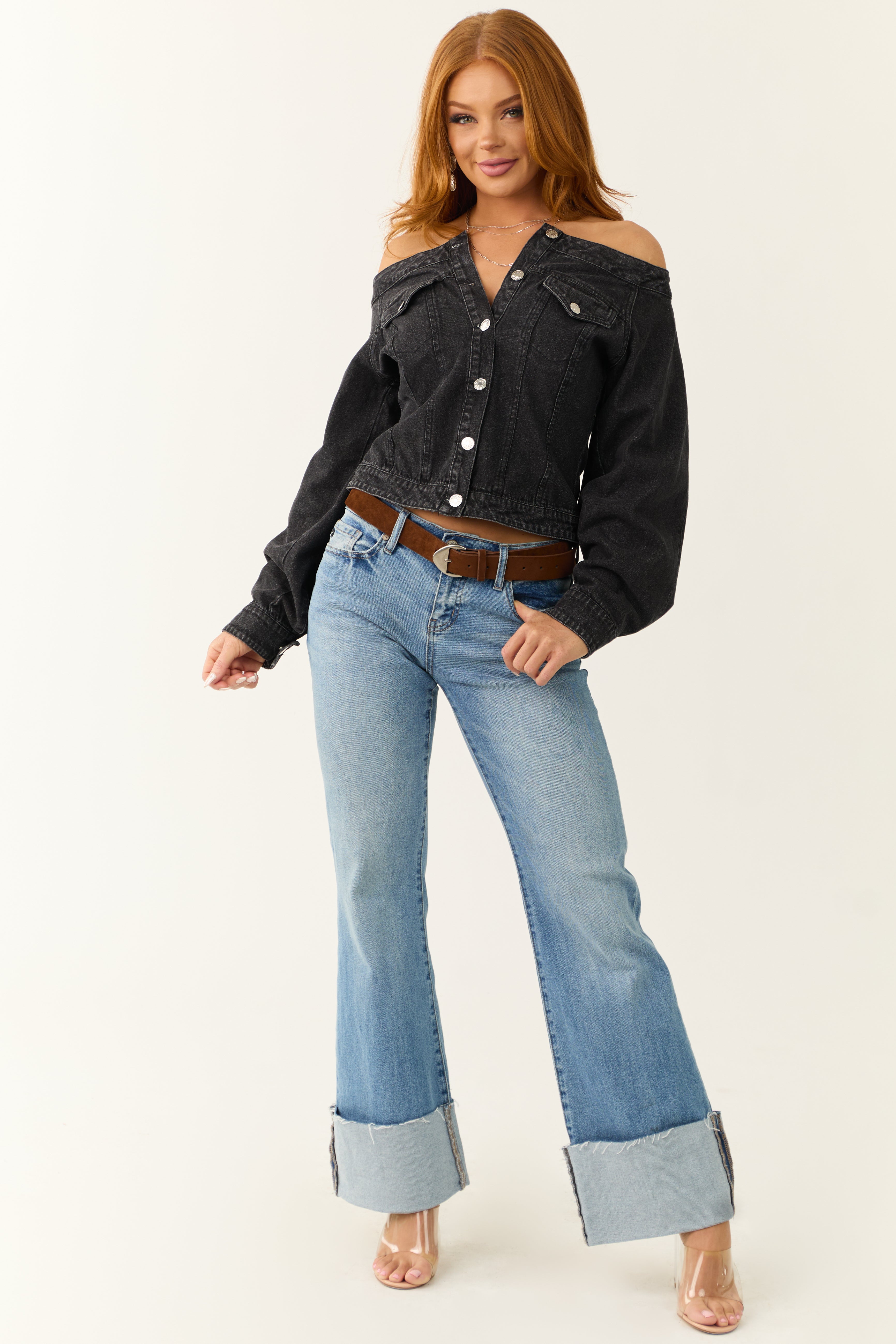 Black Washed Off the Shoulder Denim Jacket | Lime Lush Boutique