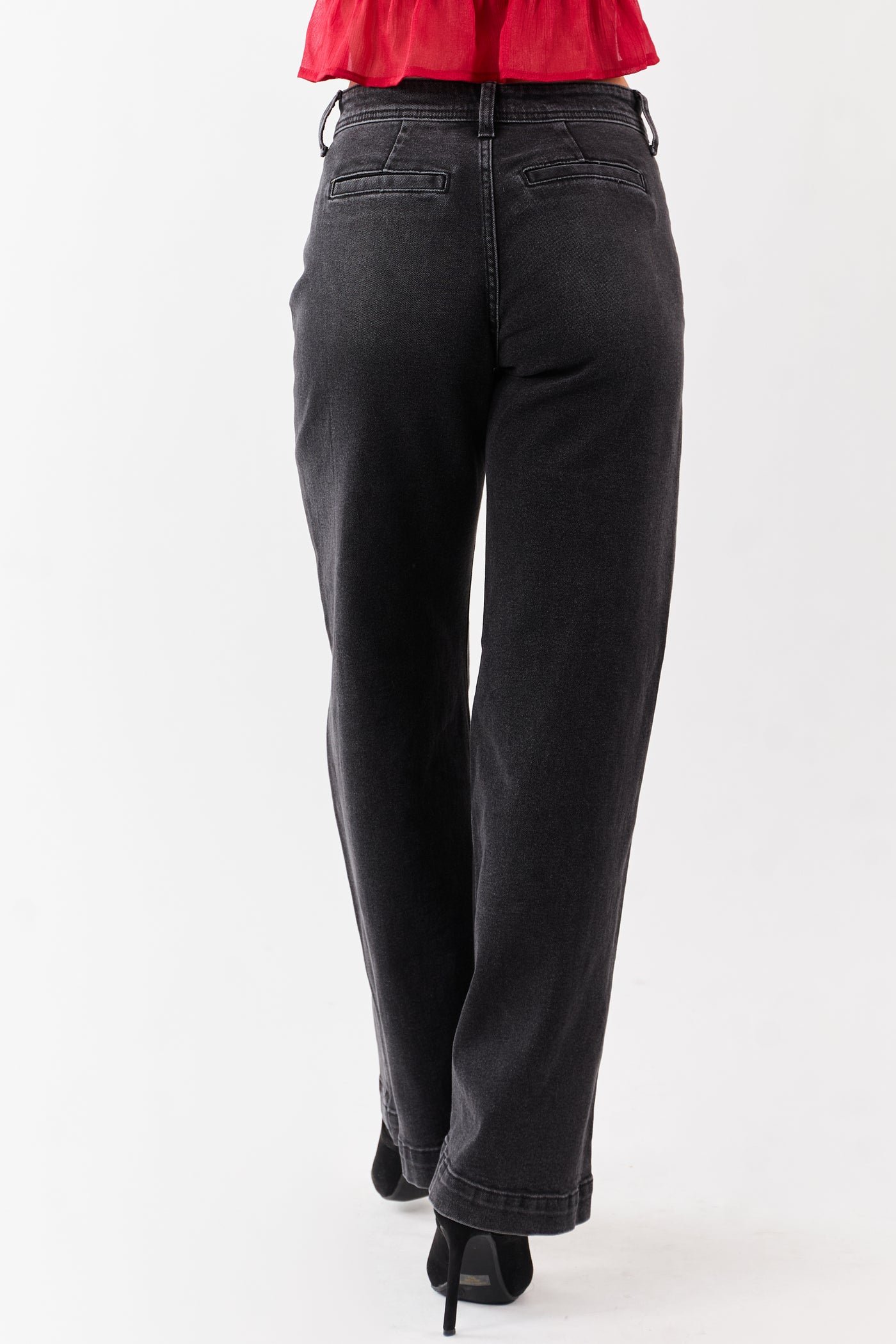 Black Washed Patch Pocket High Rise Wide Leg Jeans