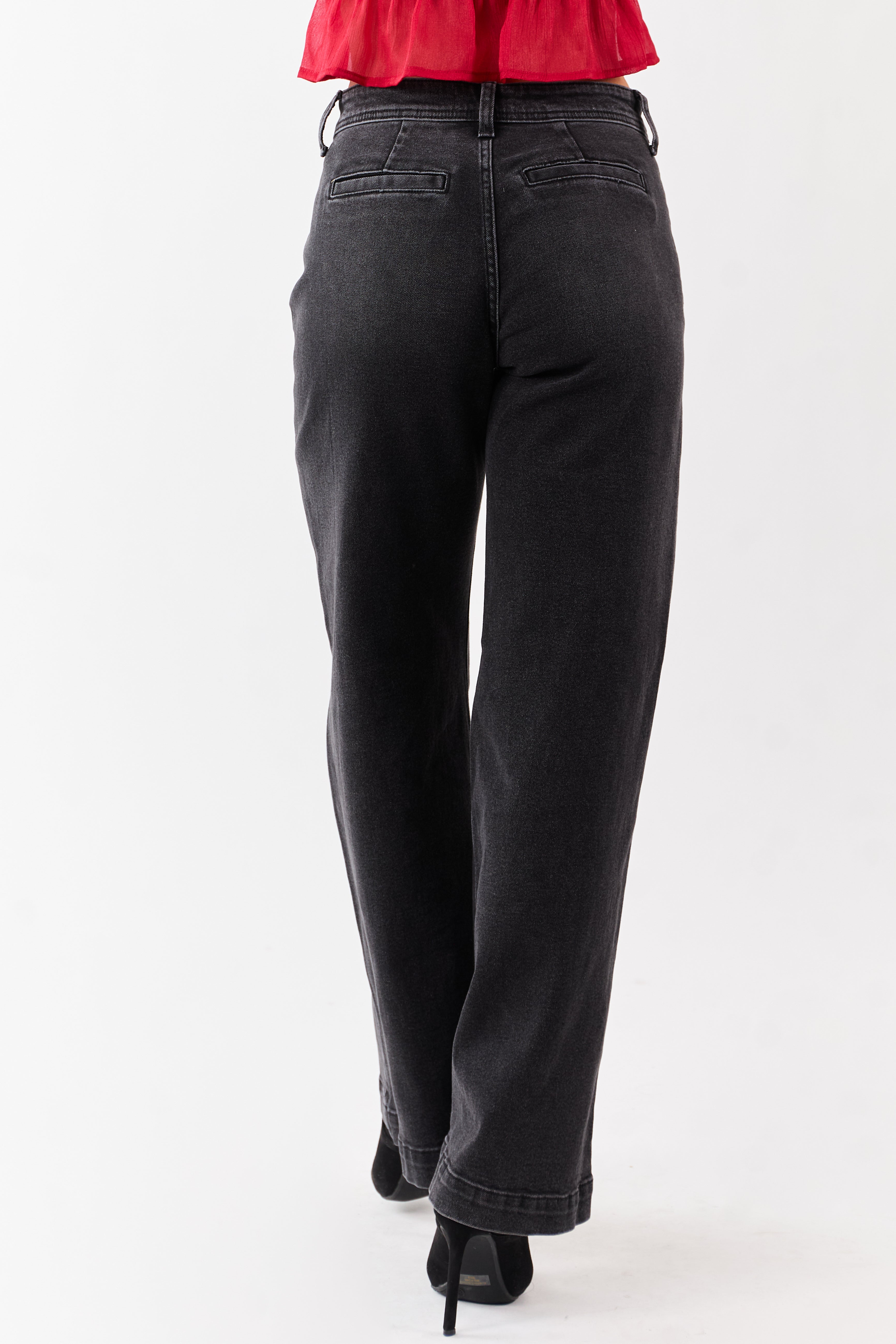 Black Washed Patch Pocket High Rise Wide Leg Jeans