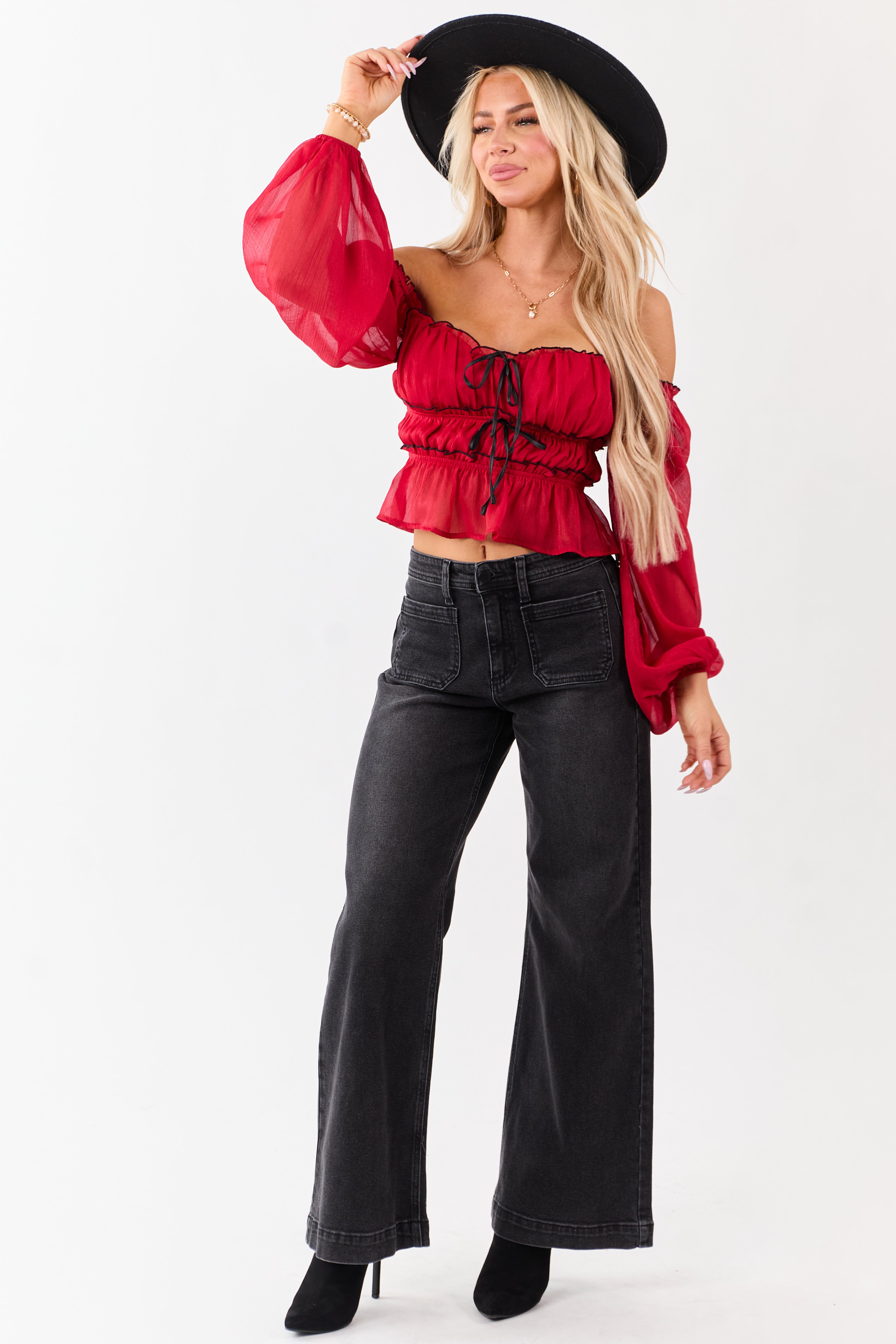 Black Washed Patch Pocket High Rise Wide Leg Jeans