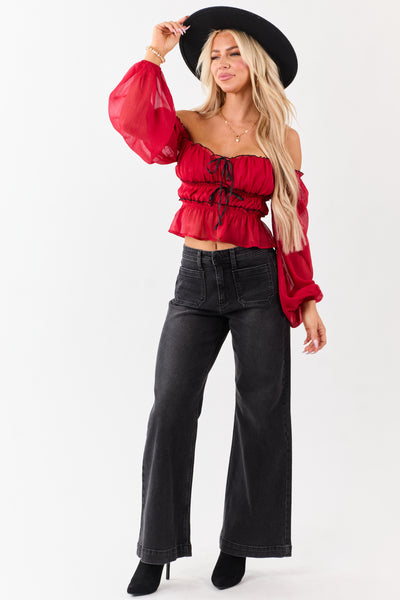 Black Washed Patch Pocket High Rise Wide Leg Jeans