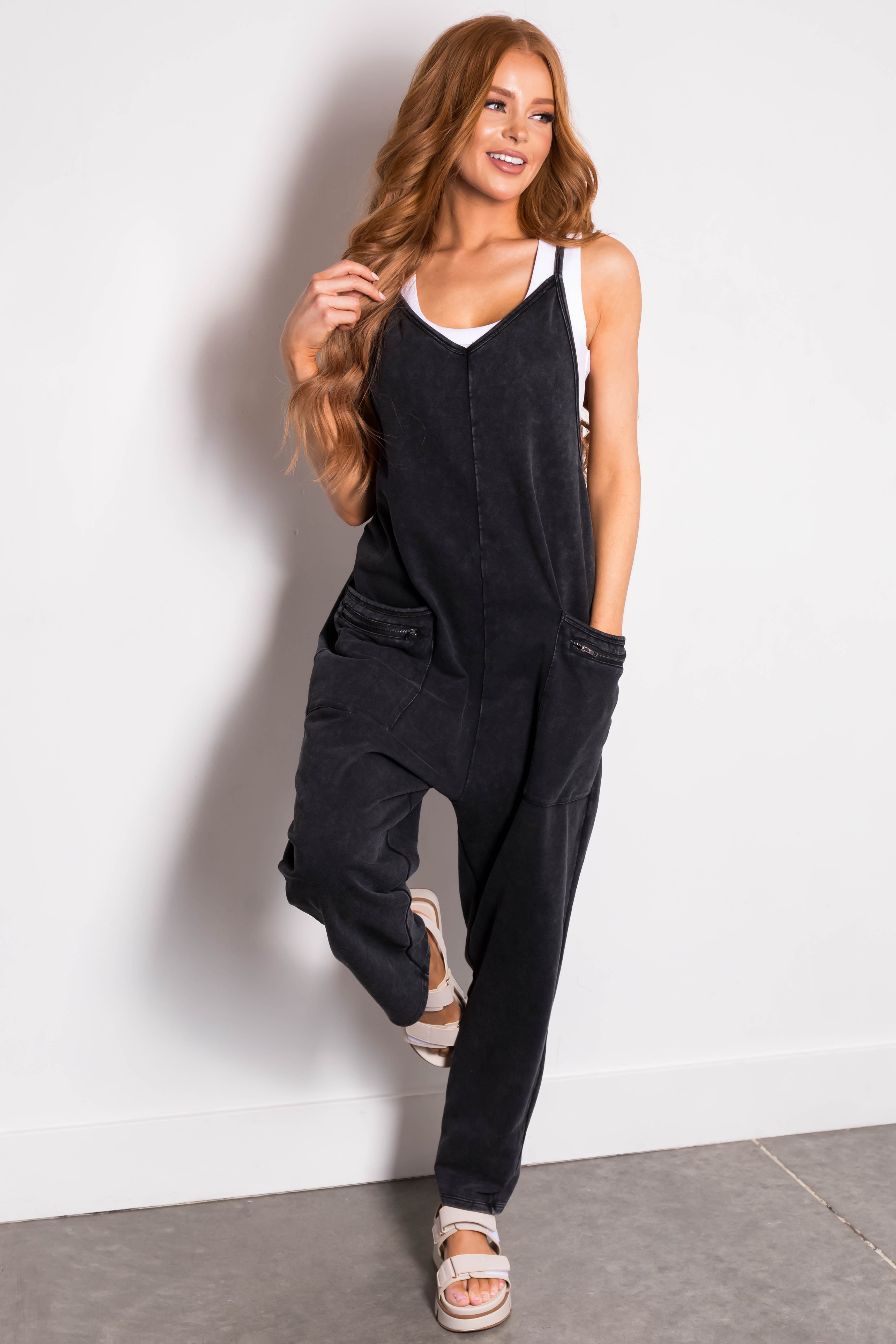 Black Washed Sleeveless Relaxed Fit Jumpsuit Lime Lush Boutique