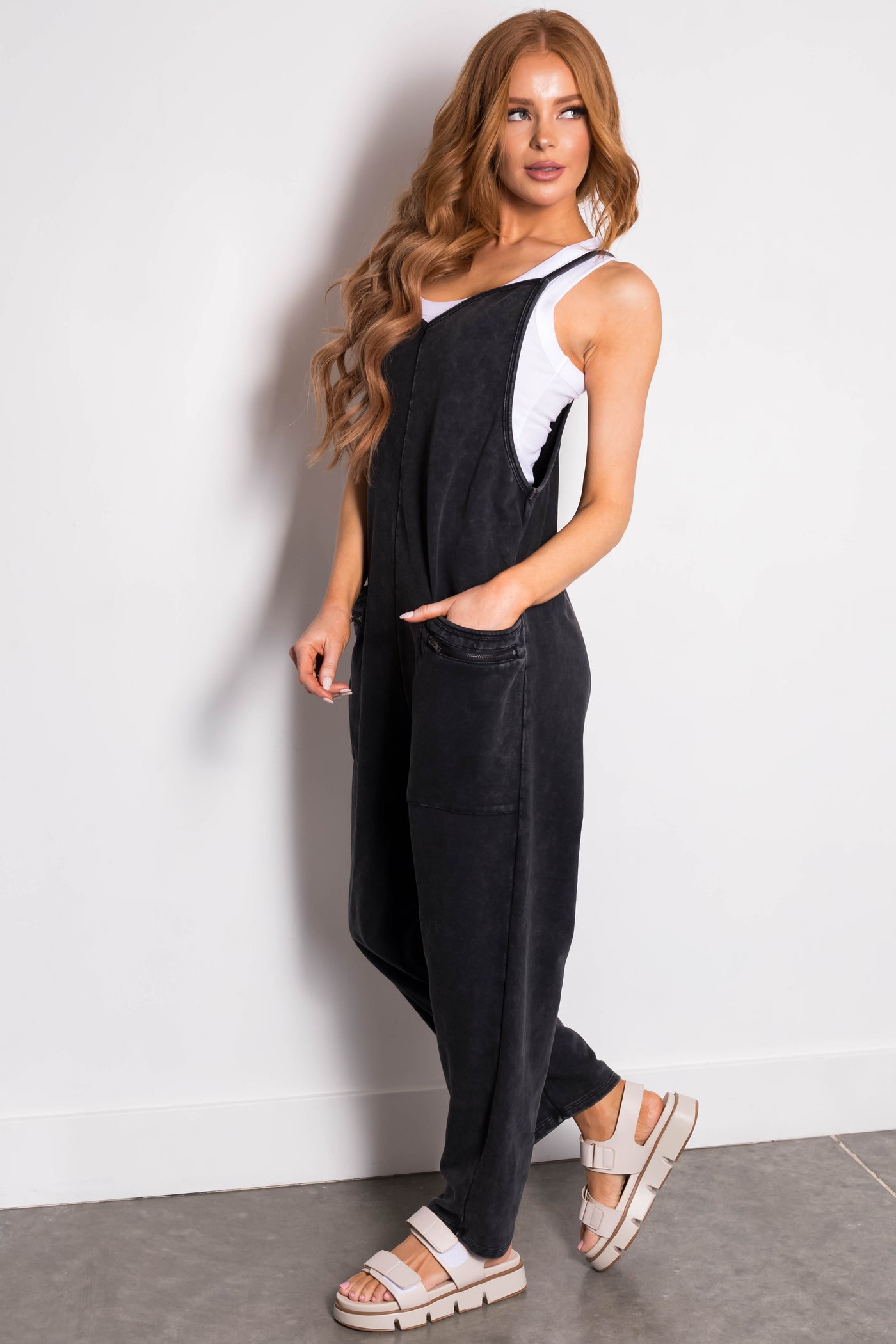 Black Washed Sleeveless Relaxed Fit Jumpsuit
