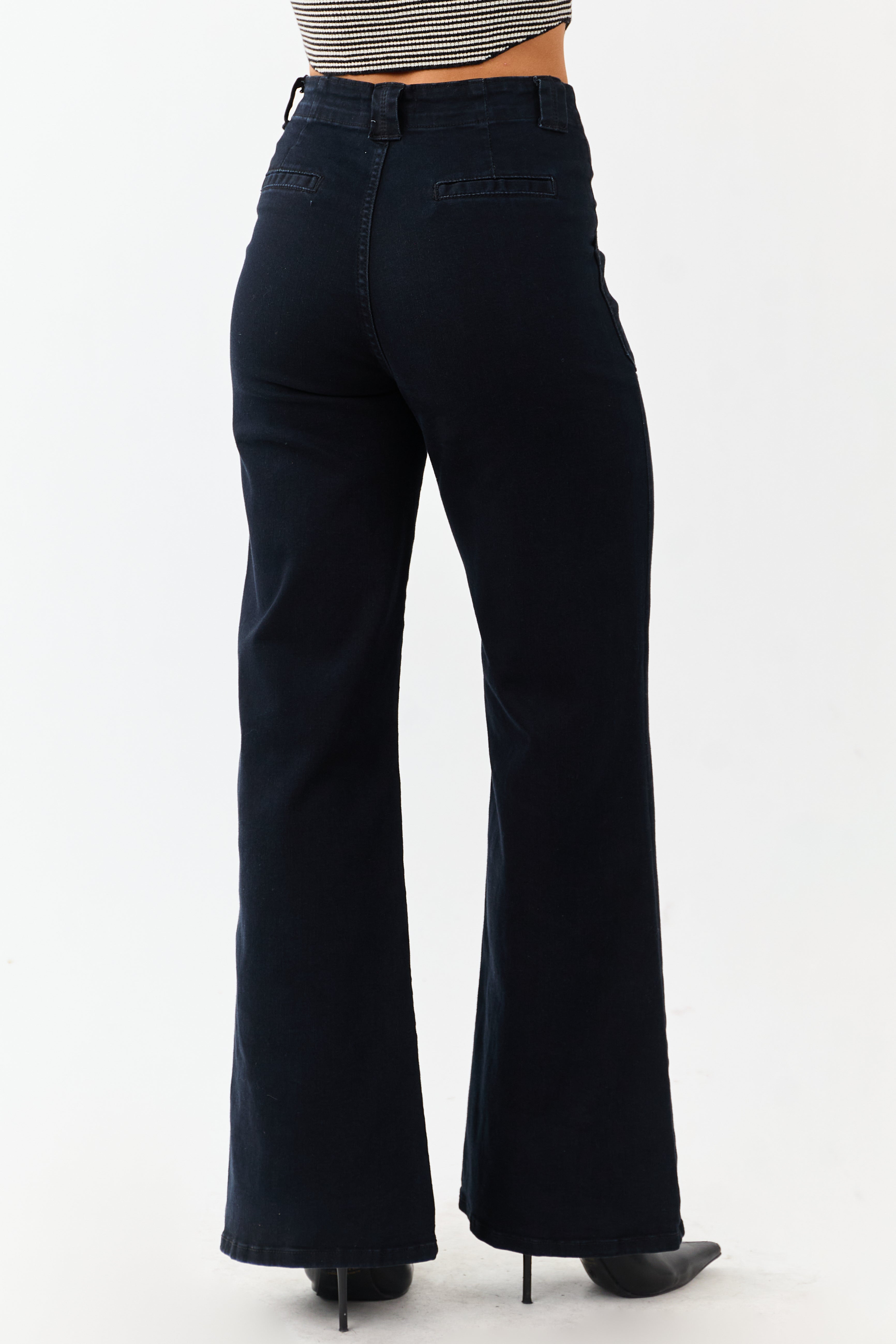 Black Washed Stretchy High Rise Wide Leg Jeans